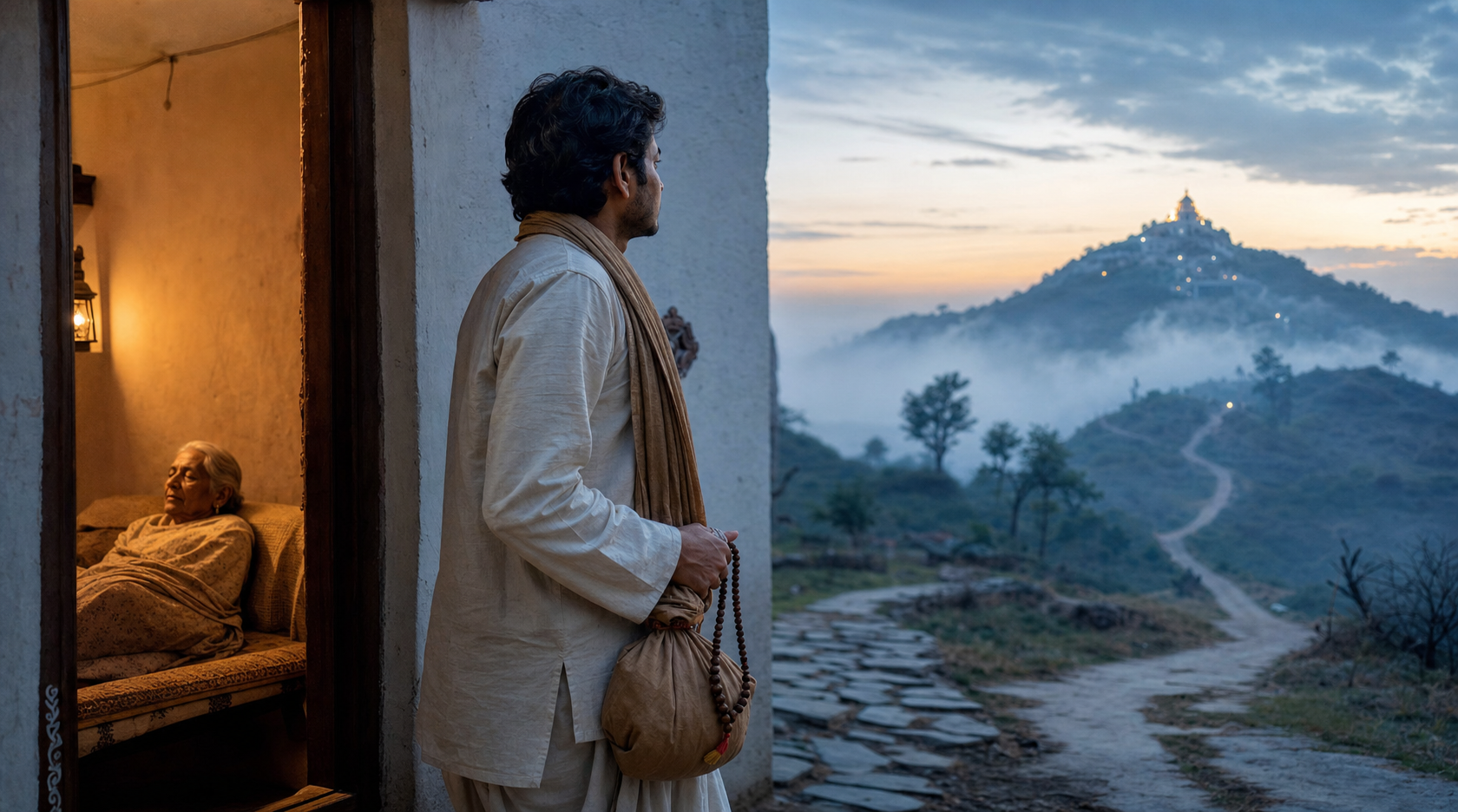 A pilgrim with prayer beads pauses outside a warmly lit home at dawn while looking toward a distant hilltop temple.