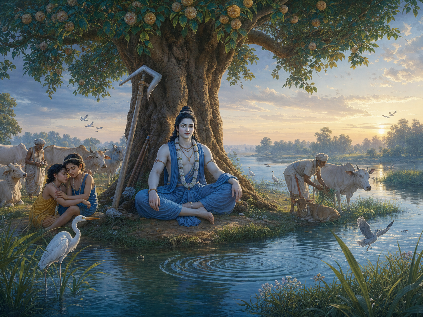 Balarama sits calmly beneath a kadamba tree beside the clear Yamuna as cowherd families tend one another and their cows nearby.