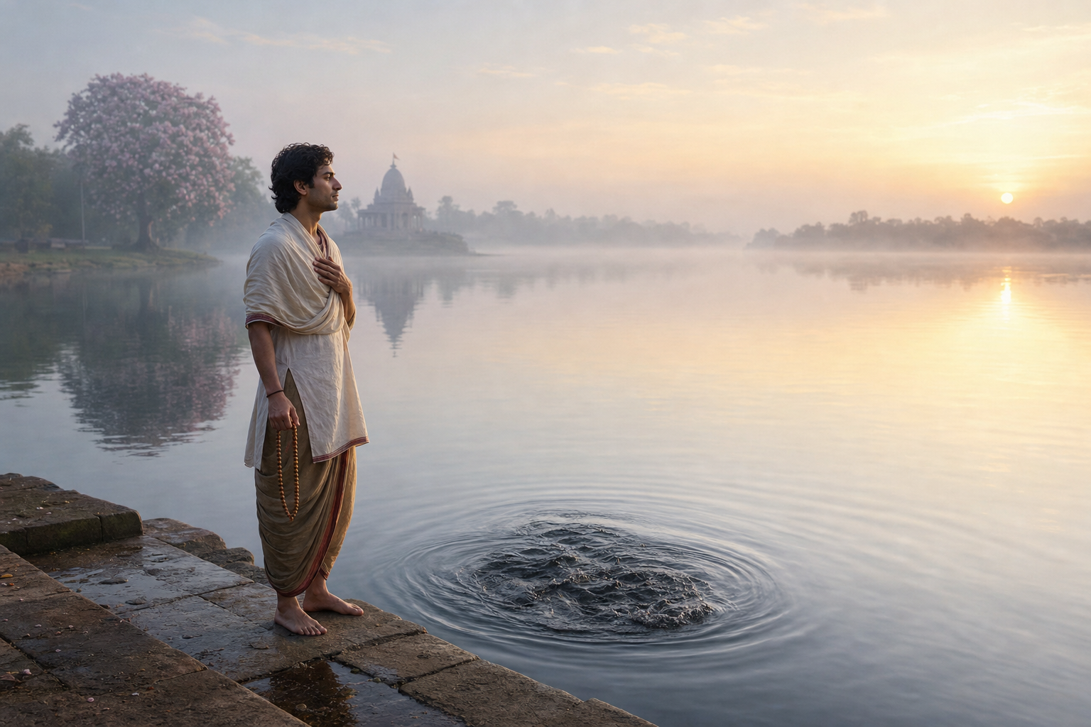 A practitioner with prayer beads stands beside a mostly calm river with a small area of wind-ruffled water nearby.
