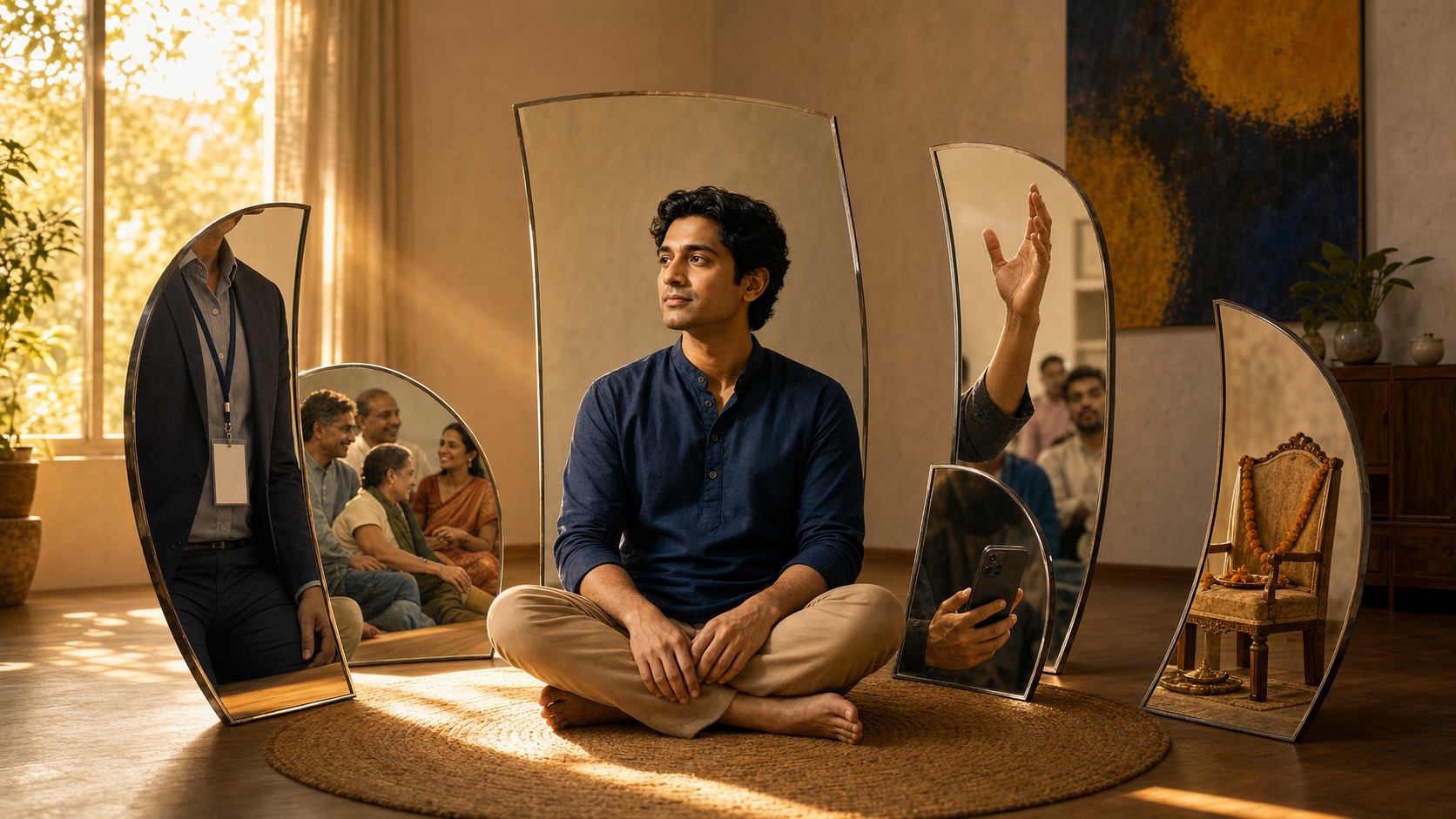 A seated person is surrounded by curved mirror fragments reflecting different social roles, while the central reflection remains whole in warm morning light.