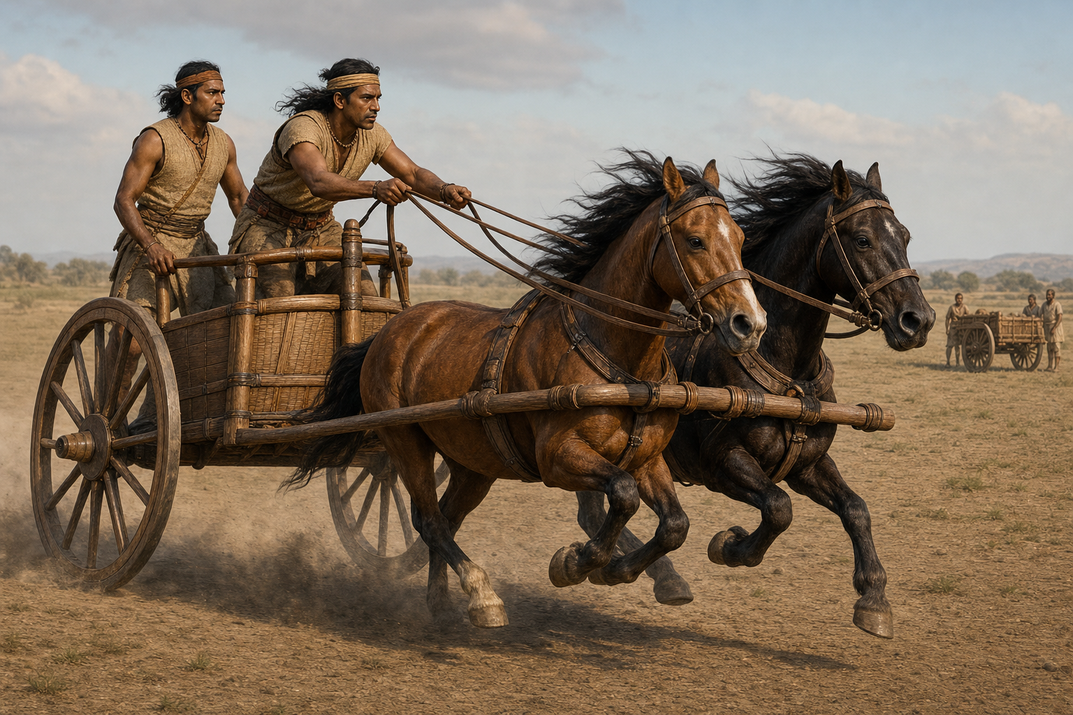 A light wooden chariot with two spoked wheels carries a driver and standing rider behind a pair of galloping horses on an open plain.