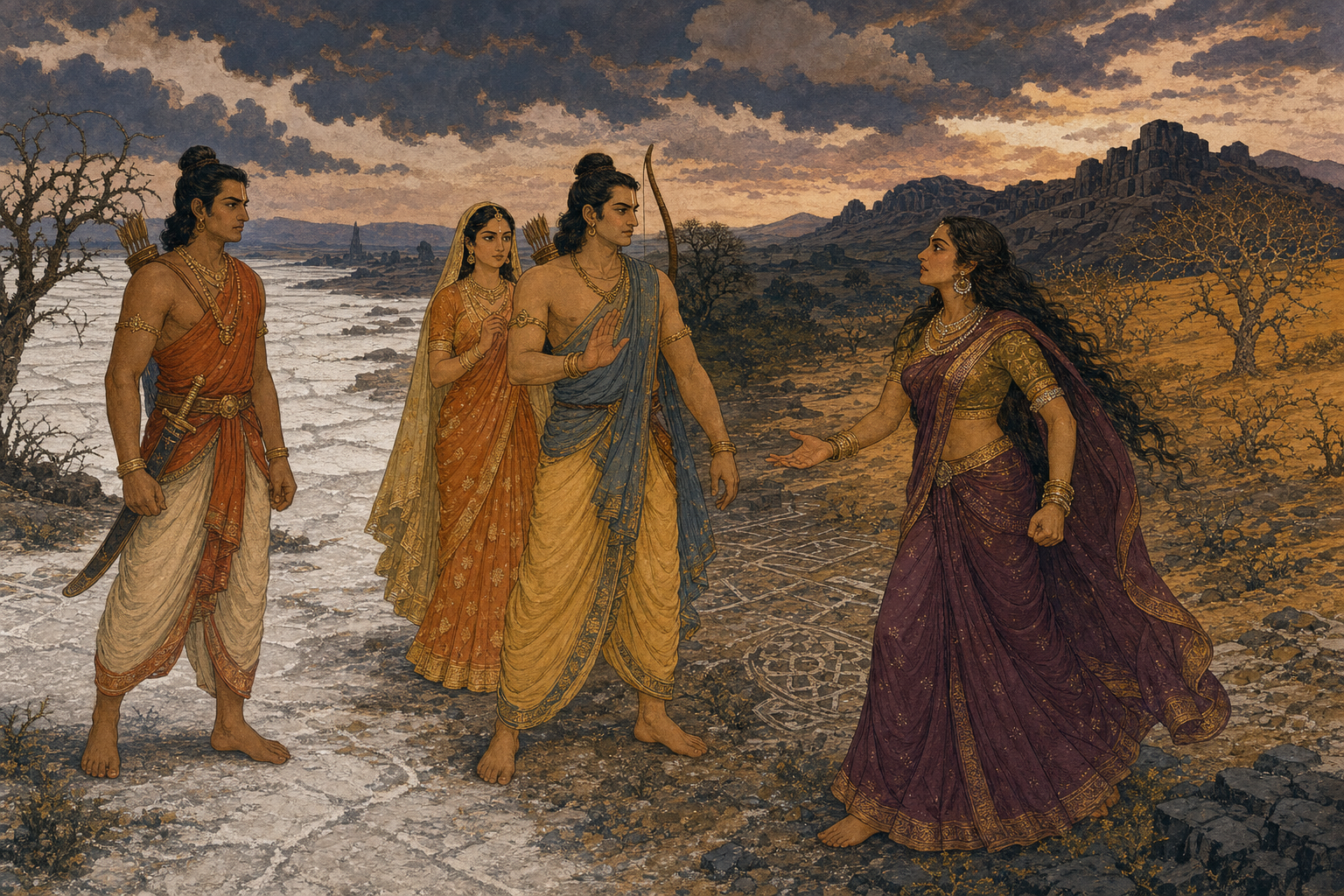Surpanakha faces Rama, Sita, and Lakshmana in a tense western Indian landscape, with Lakshmana's sword still sheathed.