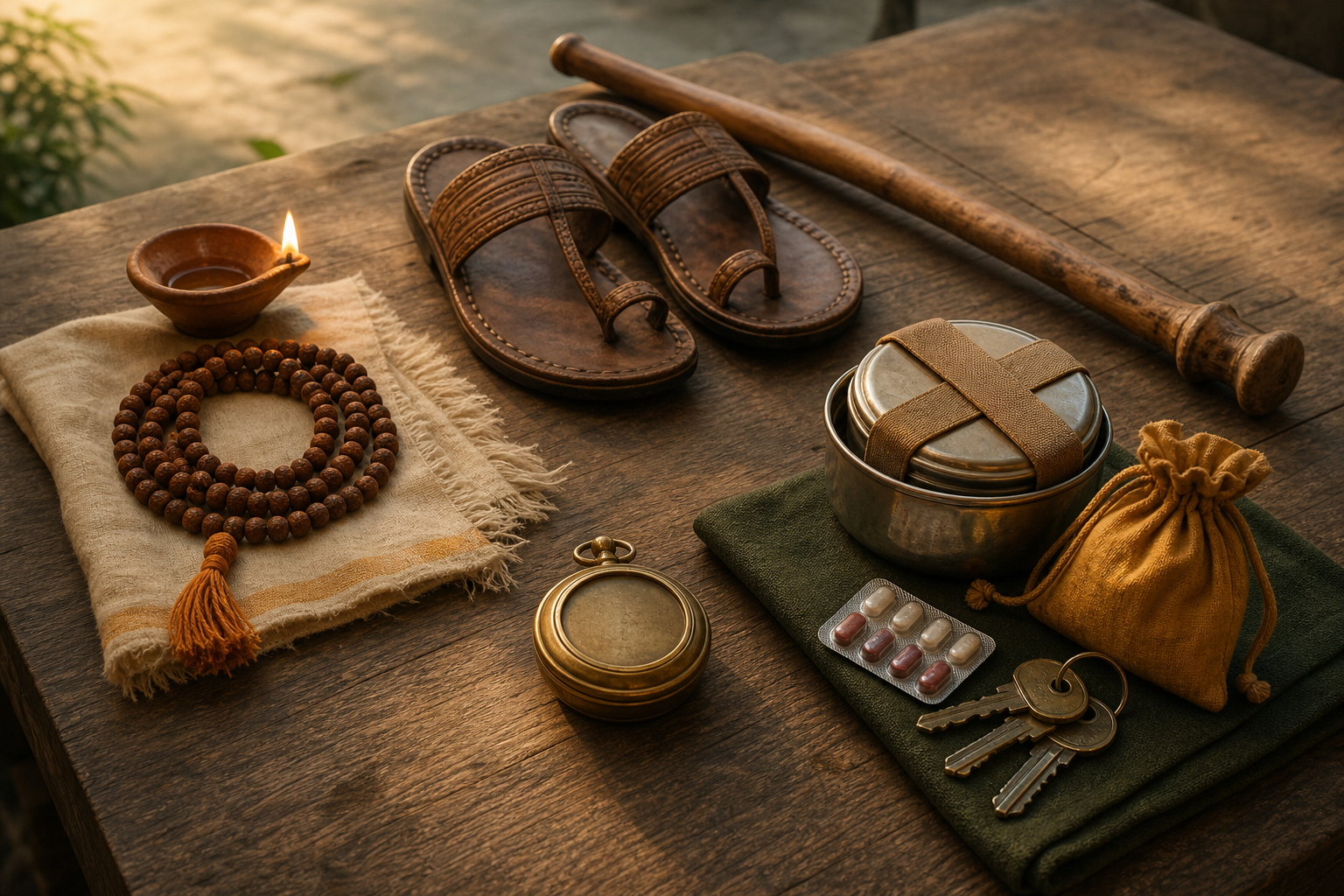 Prayer beads, a lamp, walking sandals, a timepiece, medicine, food, and household keys are arranged in four balanced groups on a wooden surface.