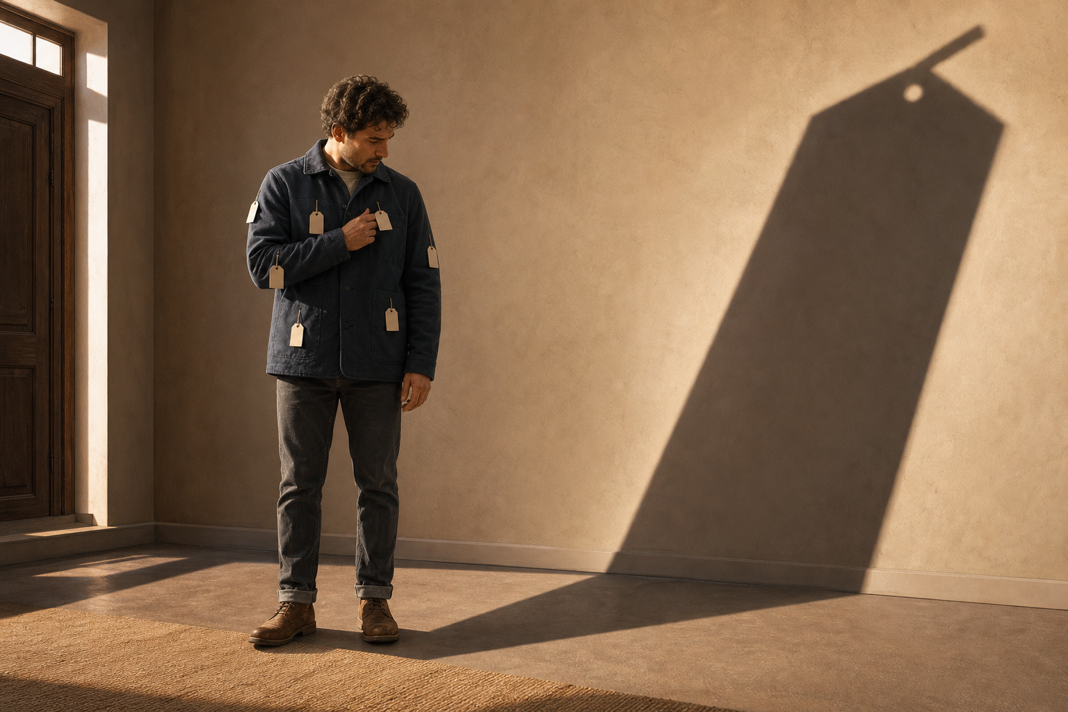 A person notices that one small blank tag on their jacket casts a large enclosing shadow across the wall and floor.