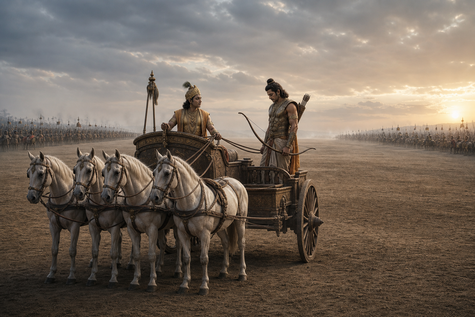 A charioteer speaks to a hesitant archer with a lowered bow in a stopped chariot between two distant armies.