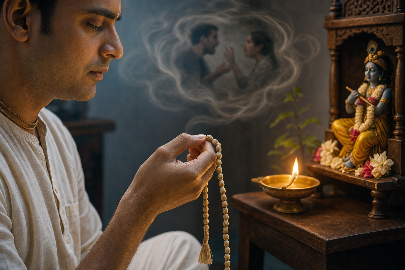 A seated devotee moves through prayer beads while faint shadowy forms recede behind a softly lit Krishna altar.