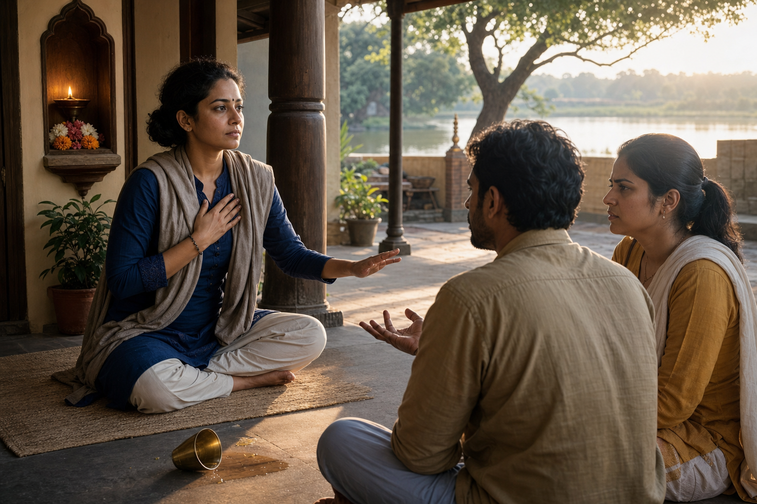 A seated practitioner pauses attentively on a veranda while two family members face a tense moment in the nearby courtyard.