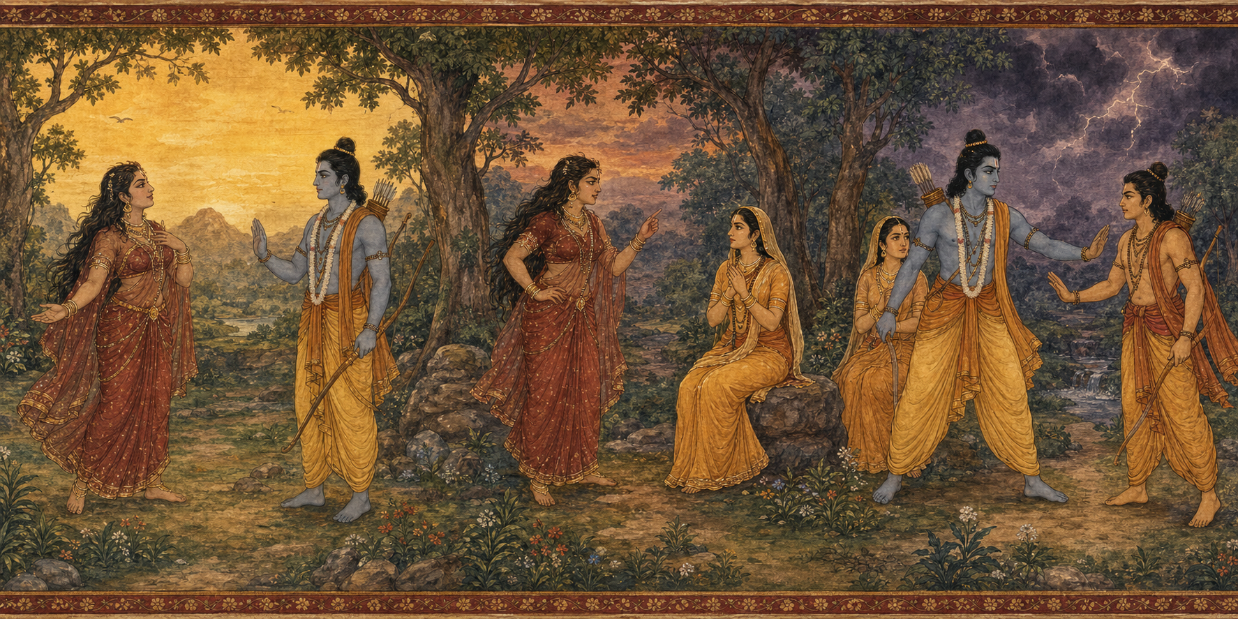 Three connected forest scenes show Surpanakha's approach to Rama, the confrontation involving Sita, and Lakshmana's intervention before violence occurs.