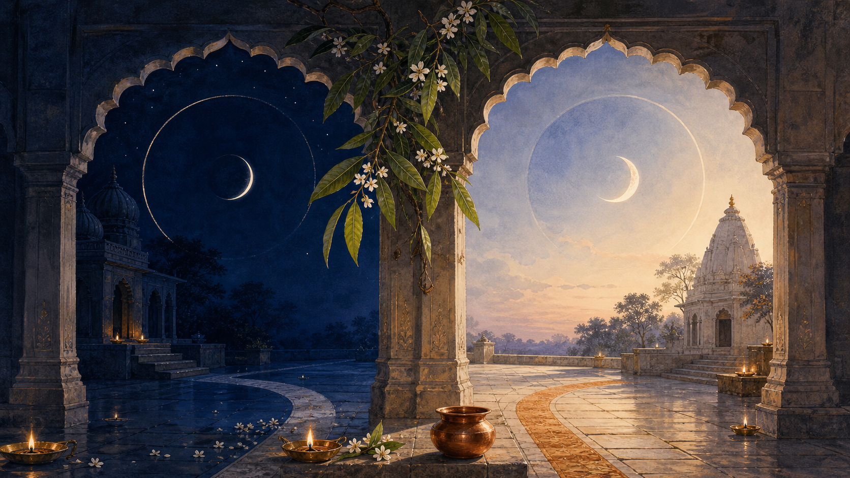 An Indian temple courtyard beneath a dark new moon, with paired archways leading toward the first glow of a waxing lunar cycle amid mango leaves and brass lamps.