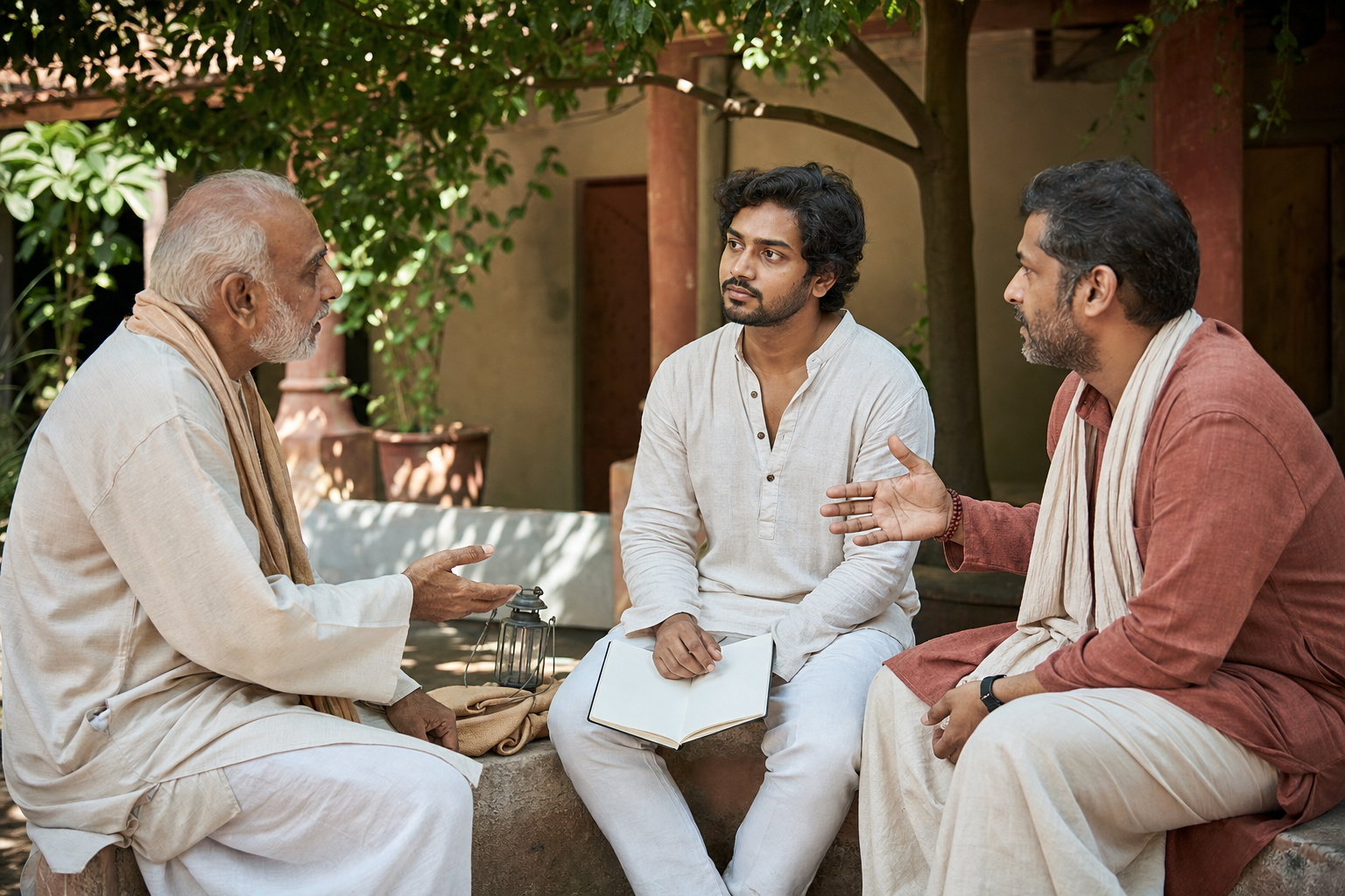 A spiritual seeker listens to two trusted advisers during a calm conversation in a shaded courtyard.