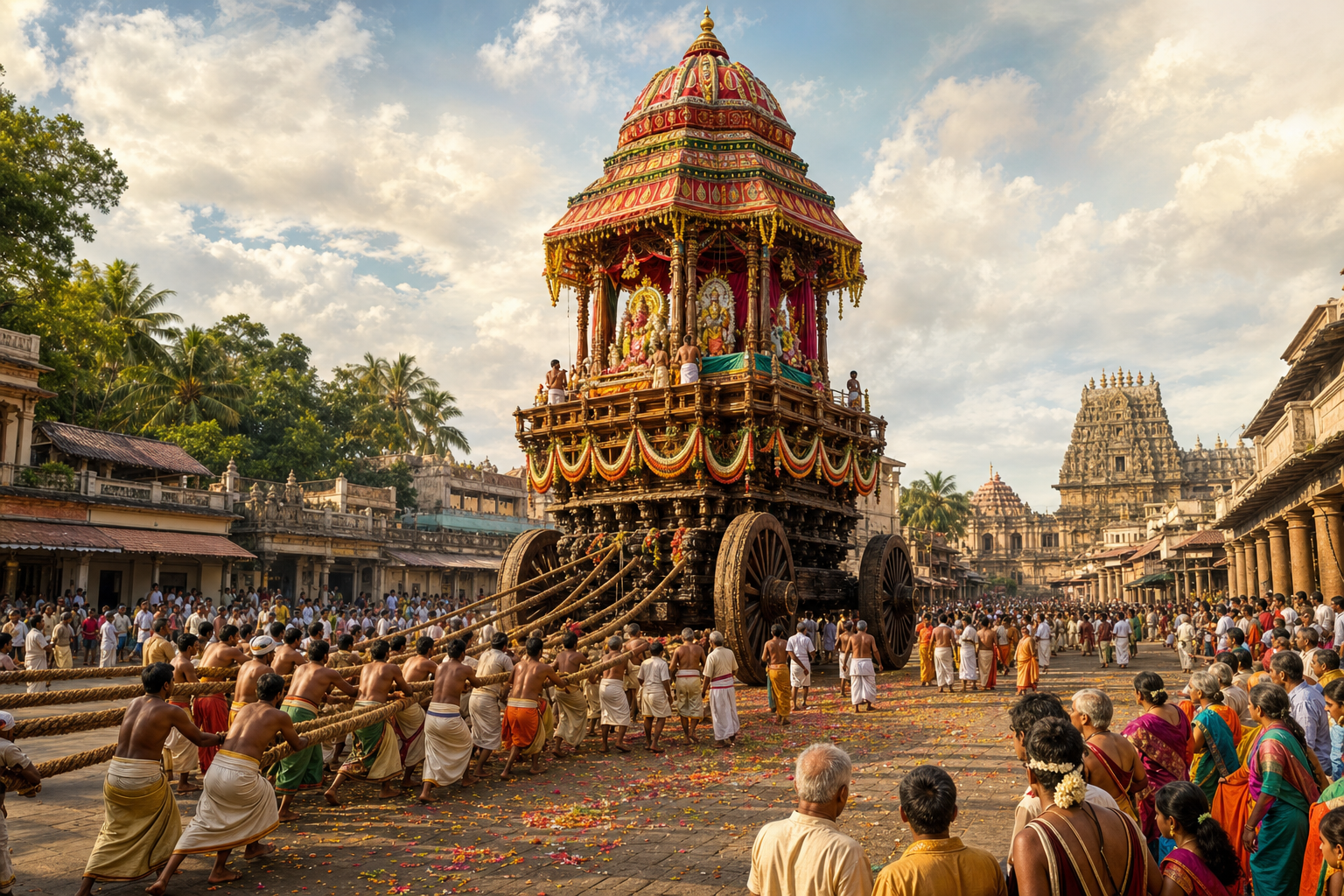 Devotees pull long ropes attached to a towering decorated wooden temple chariot during a crowded street procession.