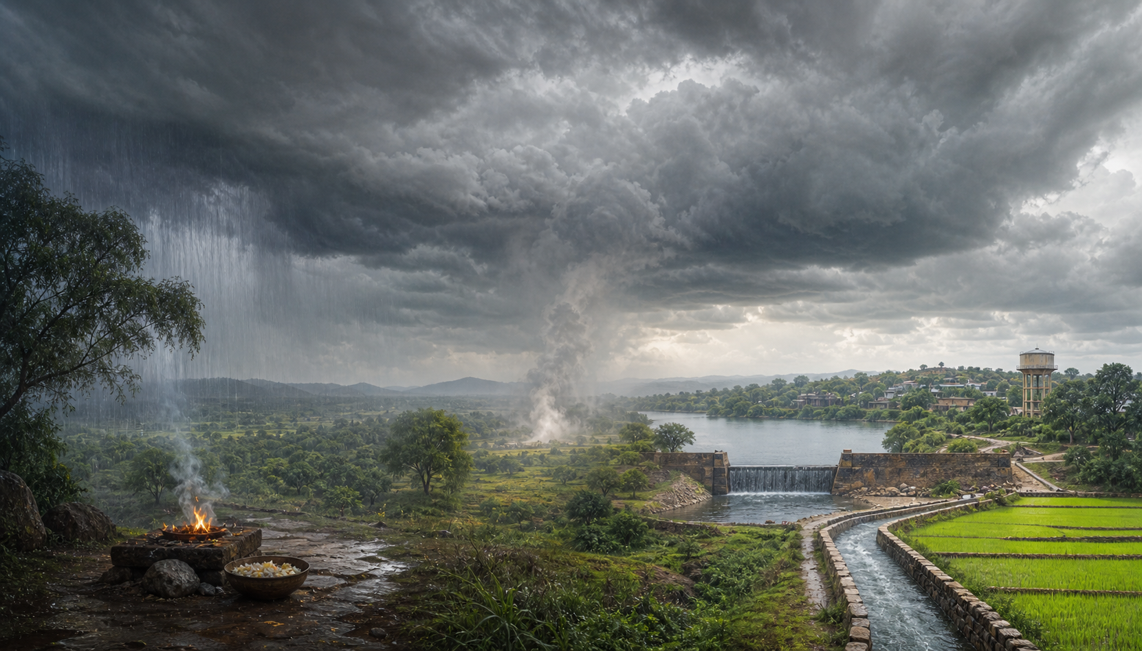One monsoon cloud spans a sacred fire, rising humid air, and a managed village water system in a three-part landscape.