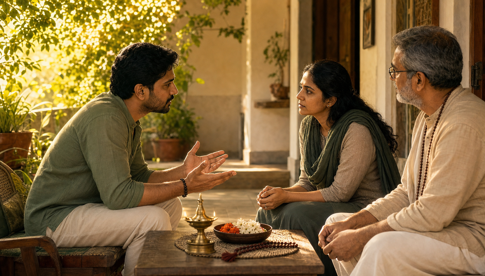 Two adults have a serious face-to-face conversation with a spiritual guide nearby and prayer beads on a low table.