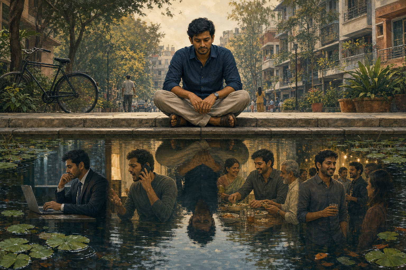 A person sits beside a garden pond and observes reflections of several everyday roles while neighborhood life continues in the background.