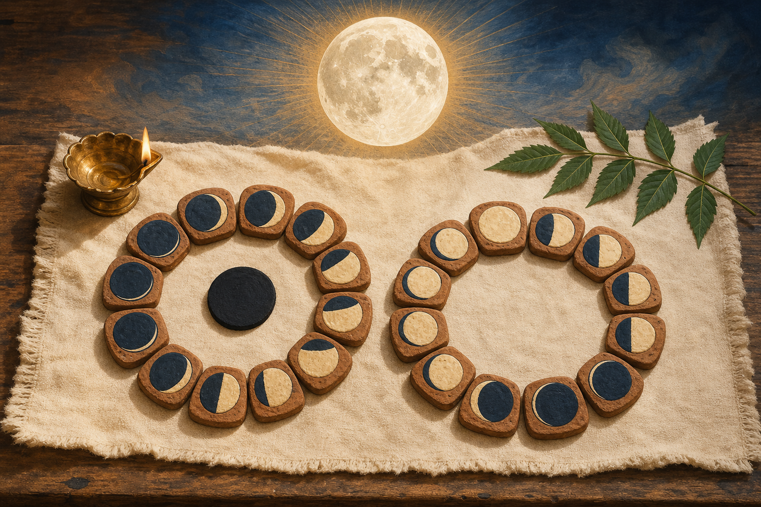 Two circular arrangements of clay lunar-phase tiles begin at different points, one at a dark moon disc and the other at a full moon disc, beneath the same Moon.