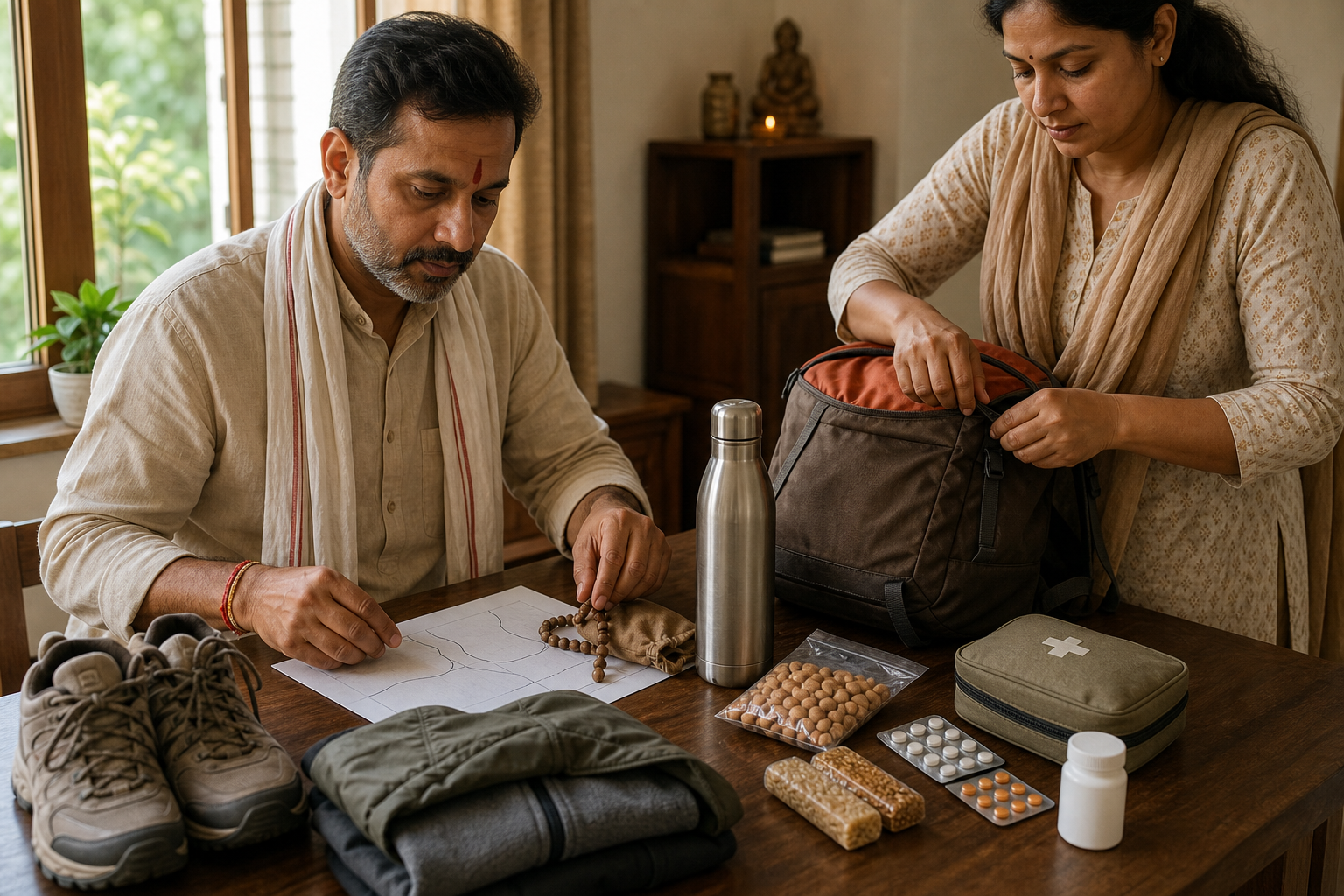 A pilgrim and family member organize walking shoes, clothing, water, food, medicine, prayer beads, and a travel bundle on a table.