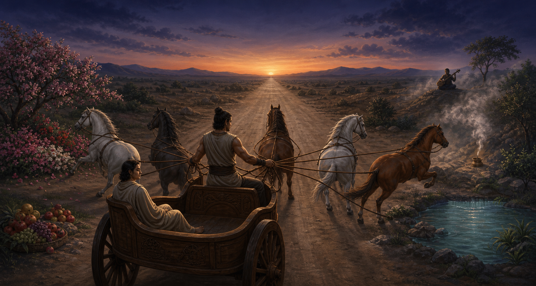 A calm passenger rides behind an attentive charioteer who uses gathered reins to keep five horses aligned on a central road.