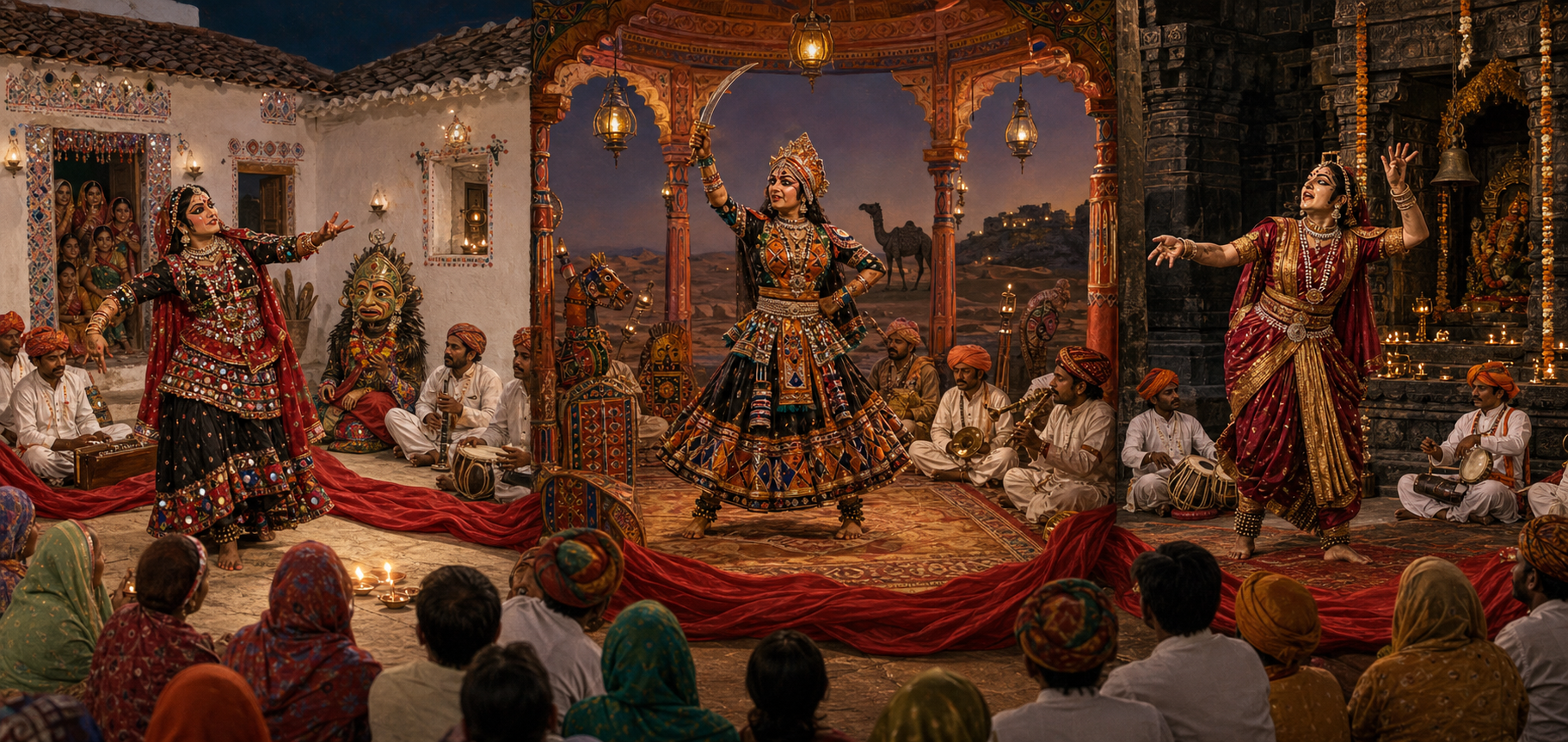 Performers portray Surpanakha in Gujarati, Rajasthani, and Maharashtrian village performance settings linked by a flowing red stage cloth.