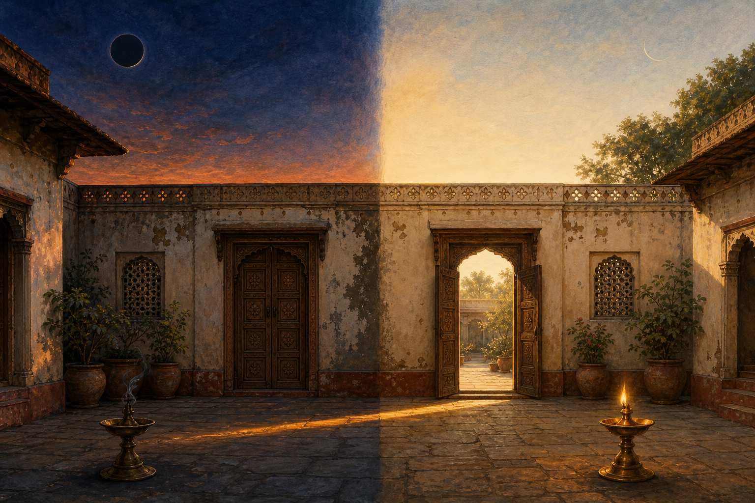 A courtyard changes from sunset beside a dark new moon and closed doorway to morning light beside an open doorway and newly lit brass lamp.