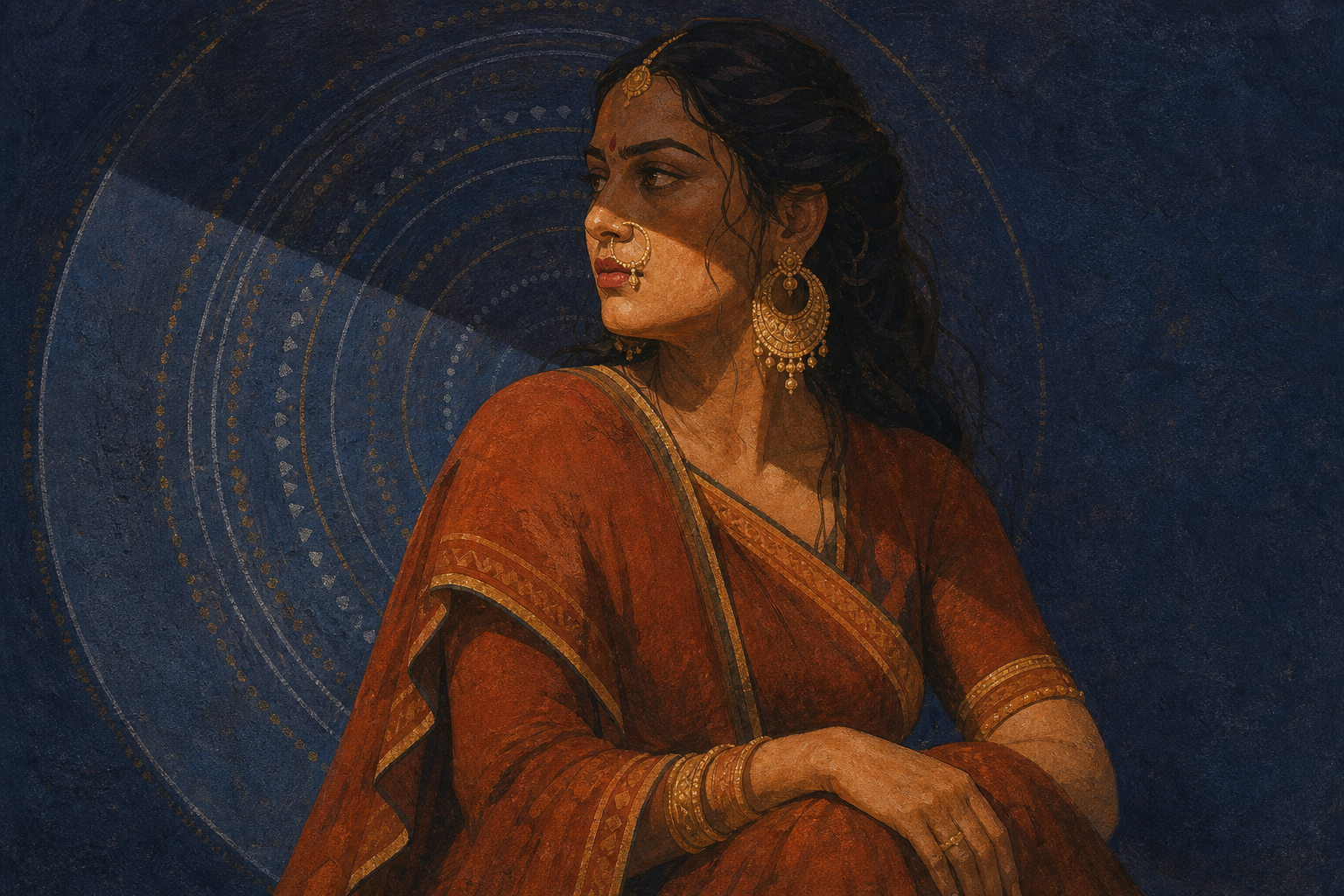 A dignified portrait of Surpanakha emphasizes her nose ring and ear ornaments while a diagonal shadow suggests threatened identity and social standing.