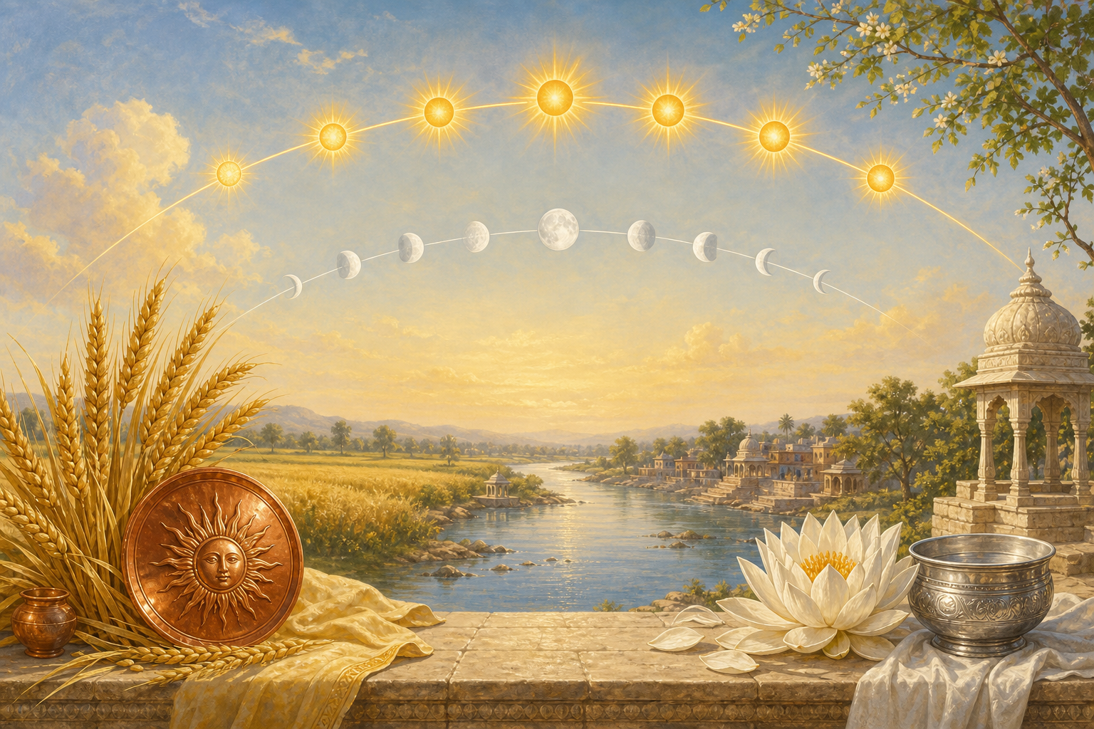 Separate golden solar and silver lunar paths cross above a riverside terrace with wheat and sun symbols on one side and a lotus and moon bowl on the other.