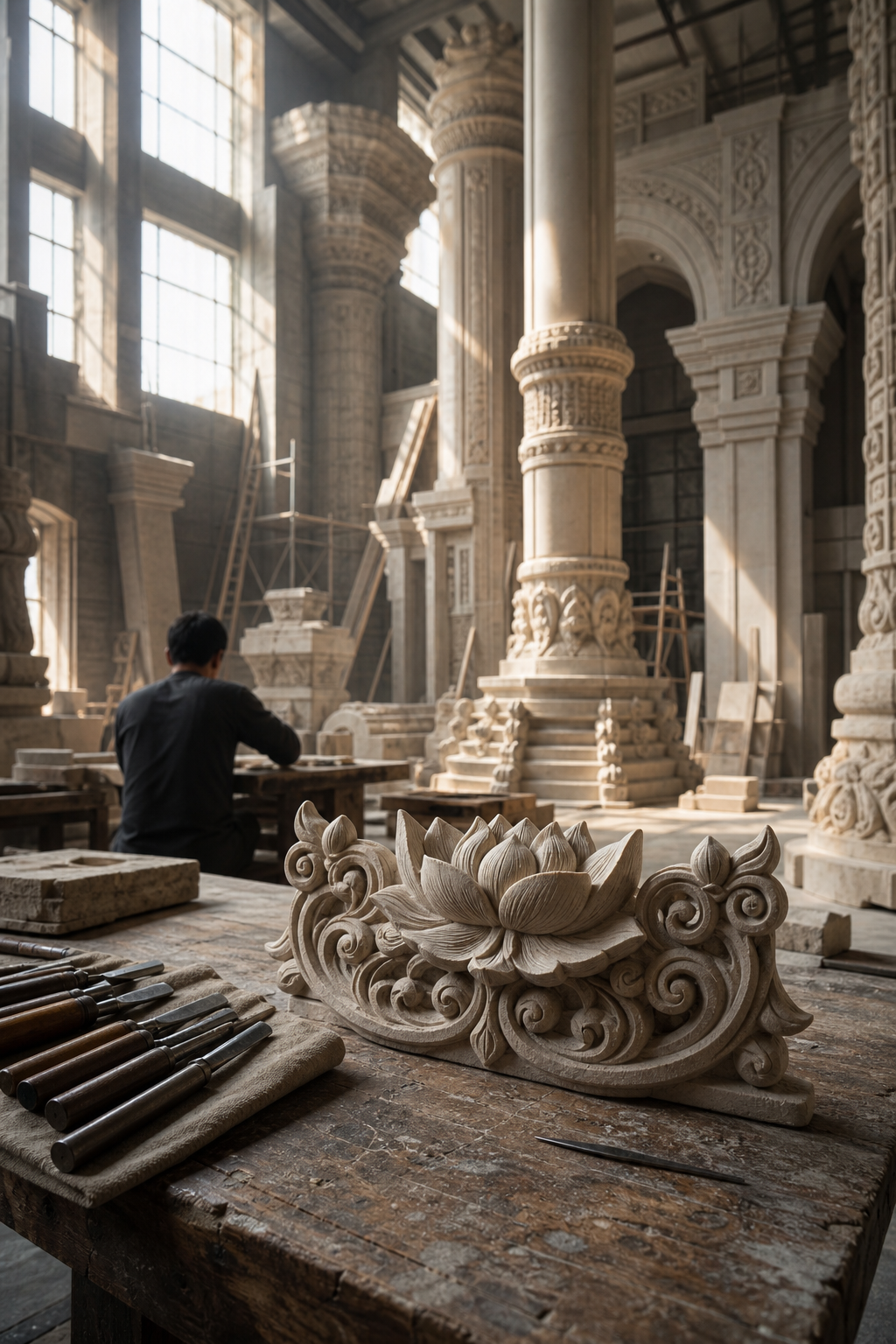 A small temple ornament and hand tools sit on a workbench in front of monumental columns and decorative sections inside a workshop.