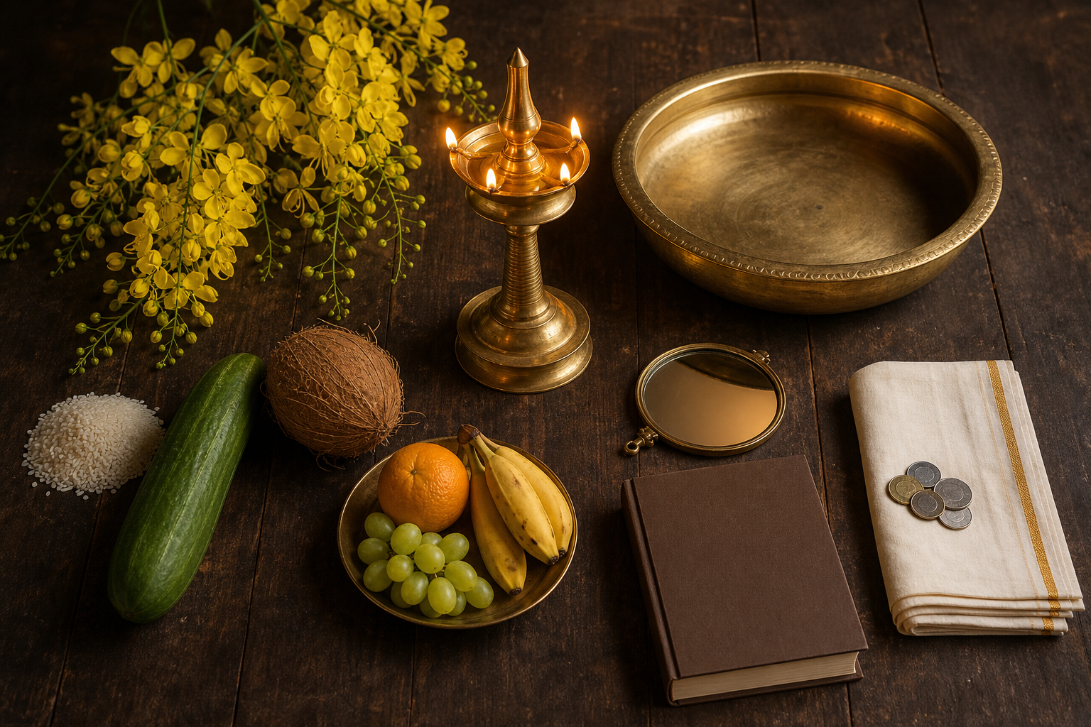 Vishukkani elements arranged around a brass oil lamp, including rice, fruit, coconut, a mirror, a closed book, coins, folded cloth, and Kanikonna flowers.