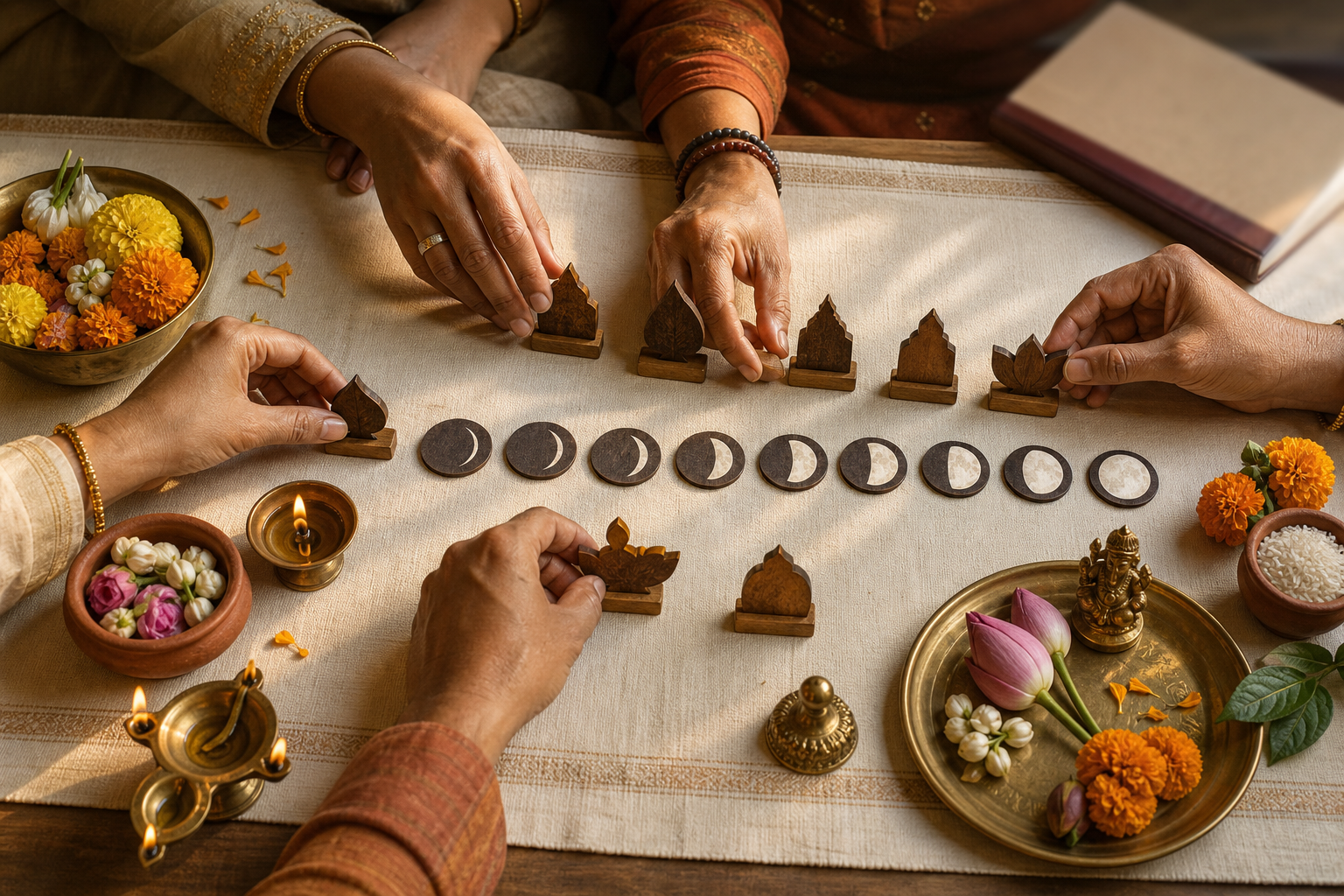 Several hands arrange unlabeled moon-phase tokens and movable festival markers beside lamps and flowers while a bound calendar remains closed nearby.