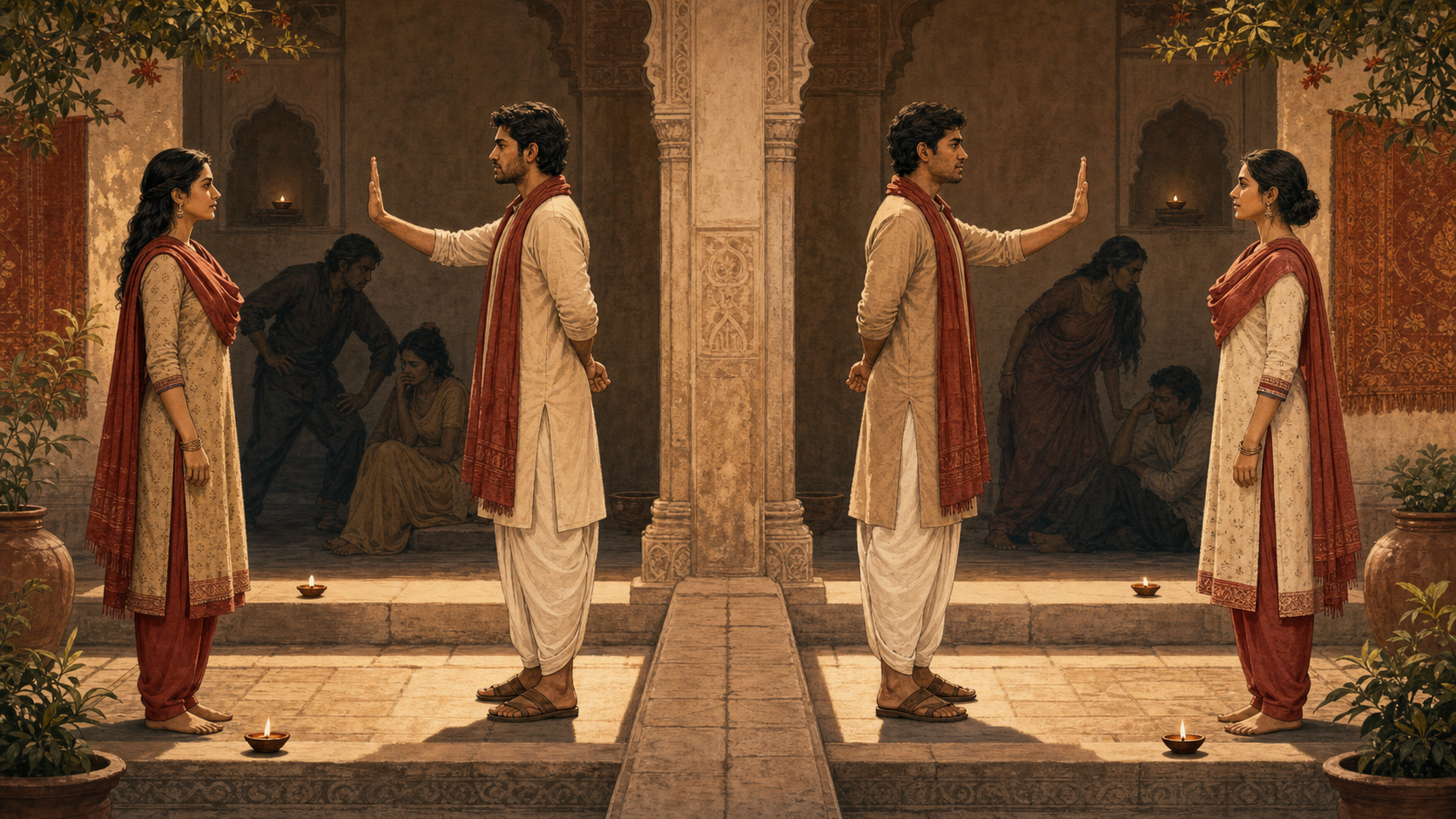 Mirrored pairs of women and men respond to the same boundary-setting gesture in a symmetrical western Indian courtyard.
