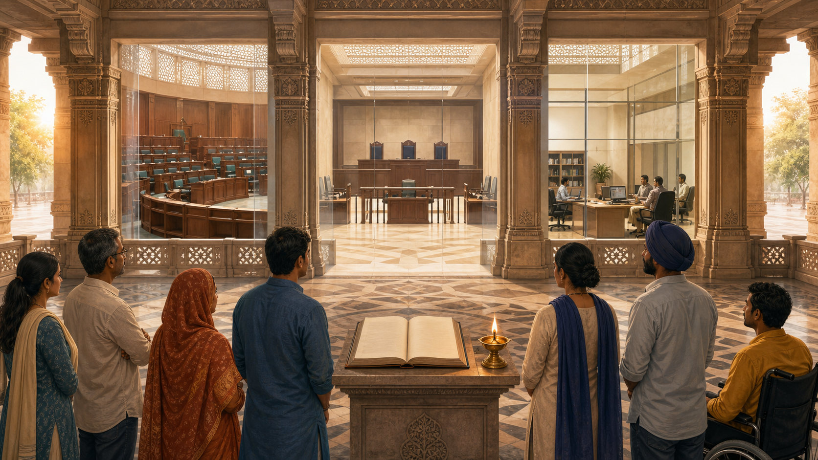 An open Indian civic pavilion with citizens gathered around a blank legal volume and an oil lamp, with separate legislative, judicial, and administrative spaces behind them.
