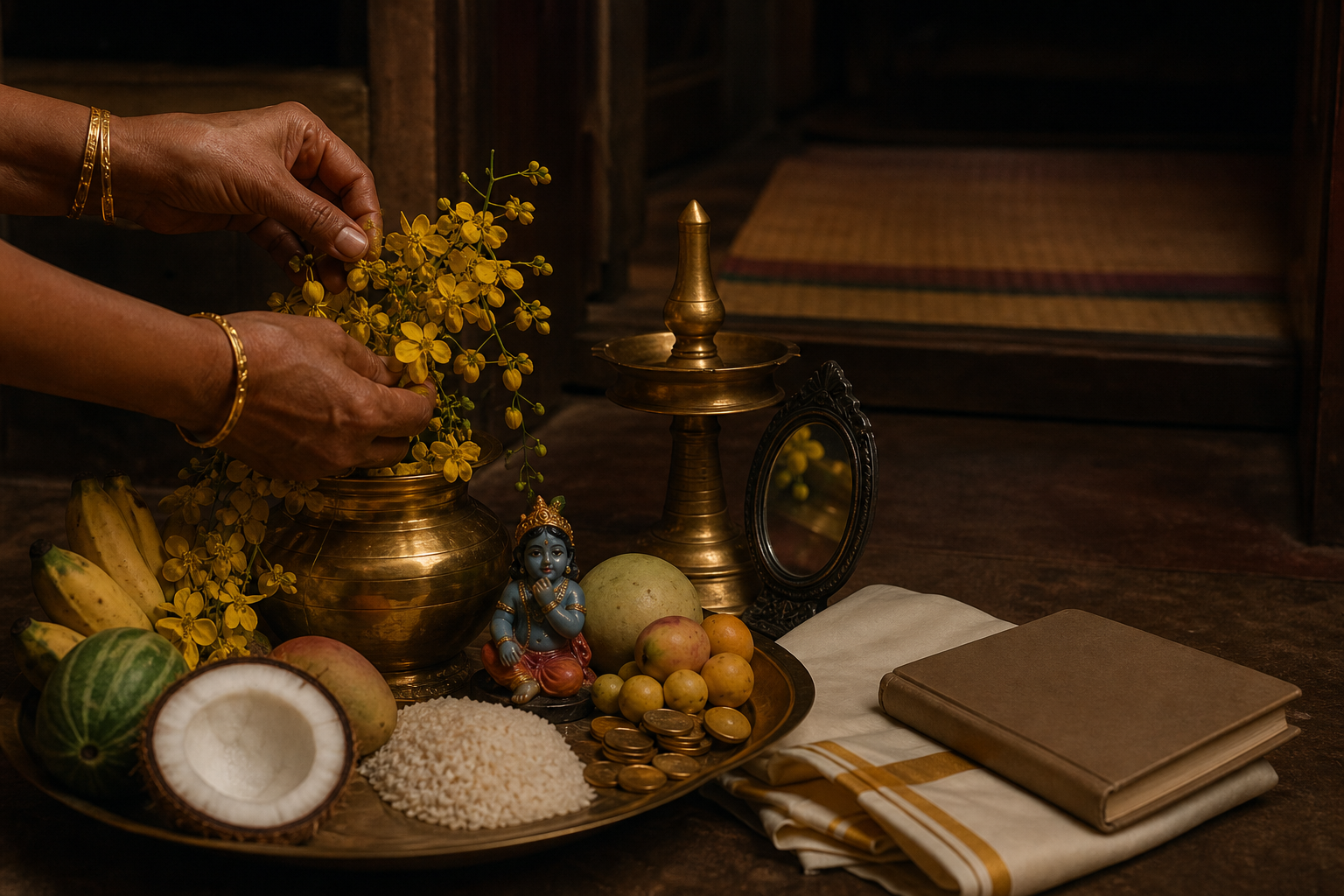 Hands make a final evening adjustment to an unlit Vishukkani prepared with Kanikonna flowers, produce, rice, a mirror, coins, cloth, a book, and a Krishna figurine.