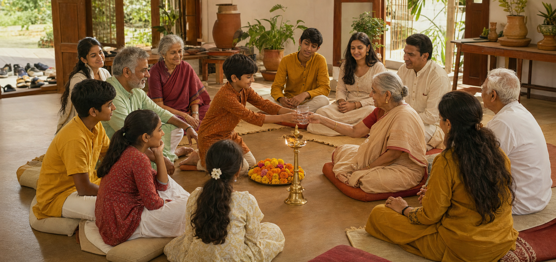 Children, adults, and elders sit in a circle in a sunlit community hall as one child offers water to an older participant.