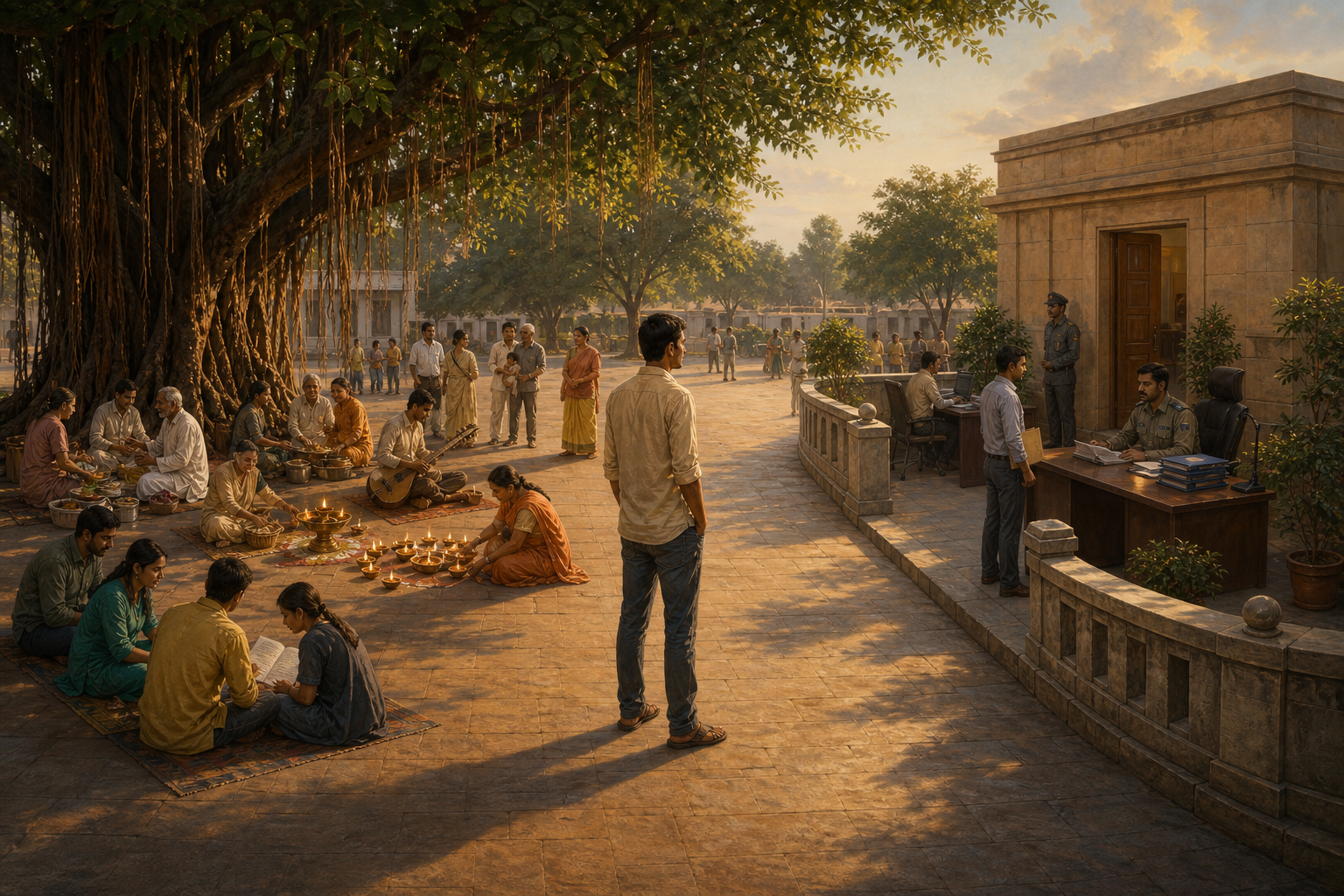 A public square shows neighbors taking part in cultural activities beside a banyan tree while a separate, bounded government entrance stands across the open space.