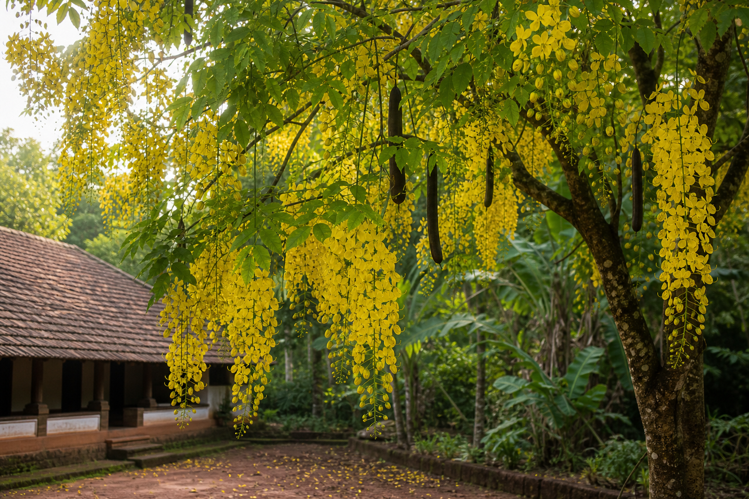 A flowering Kanikonna tree with hanging golden blossoms, green leaves, buds, and dark seed pods beside a tiled-roof Kerala home.
