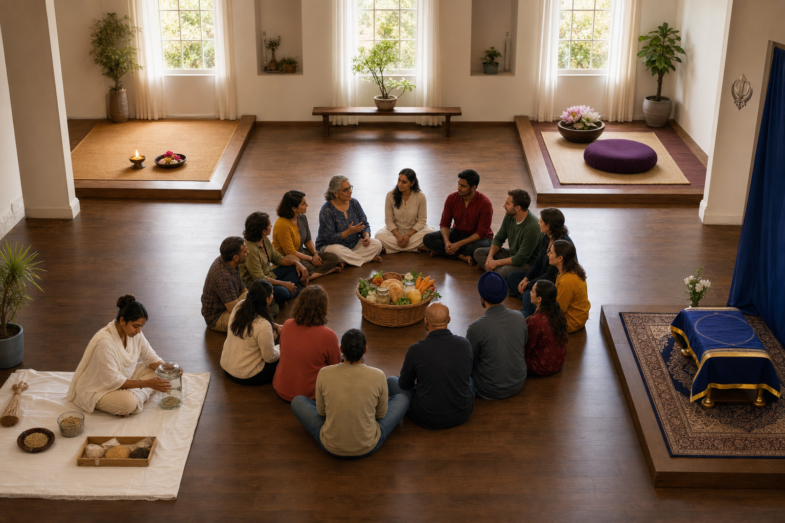 Learners gather in the center of a hall surrounded by four separate teaching areas with distinct Hindu, Buddhist, Jain, and Sikh materials.