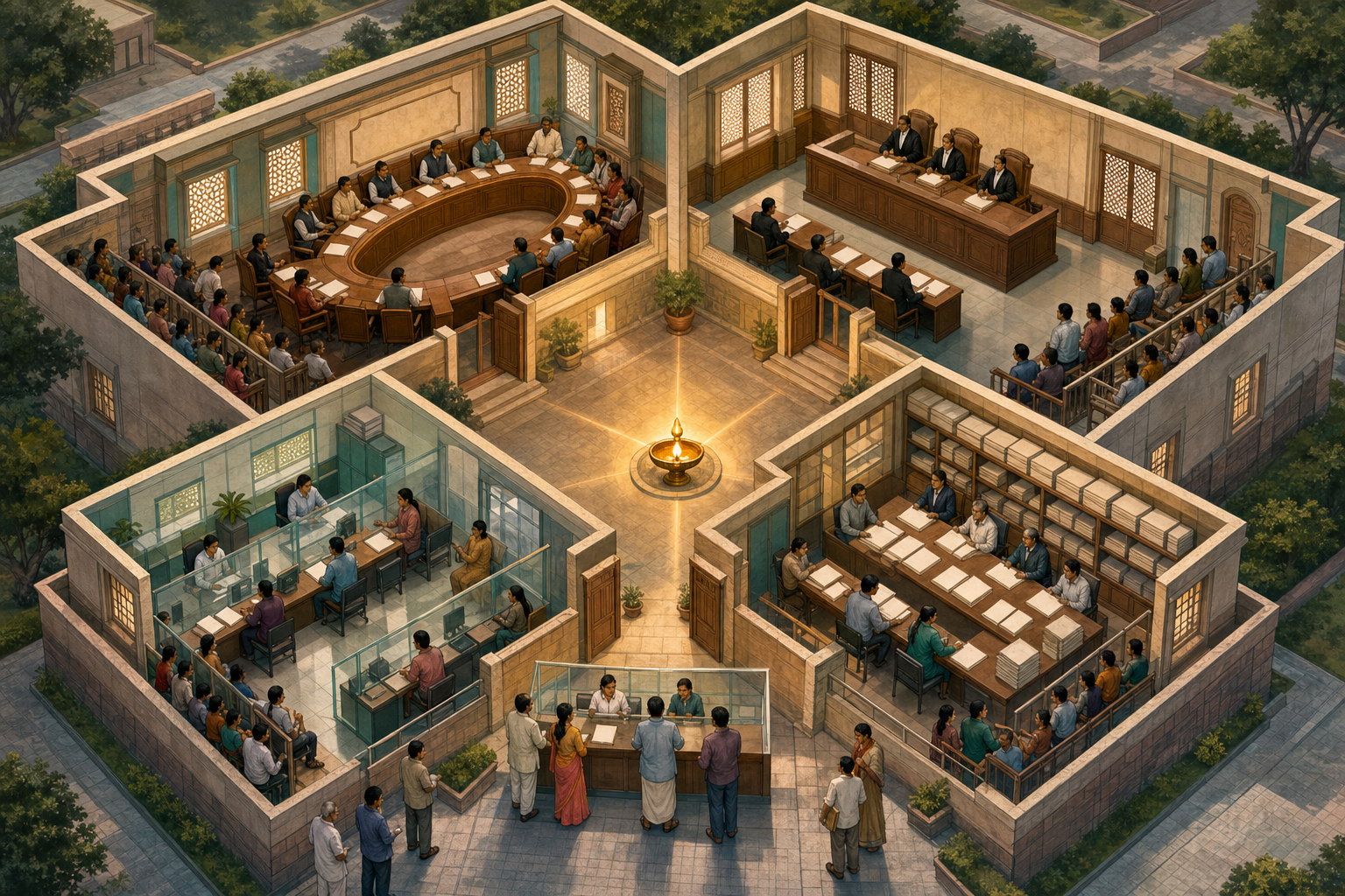 A cutaway civic building contains separate legislative, judicial, administrative, and oversight rooms surrounding a public courtyard with an oil lamp.