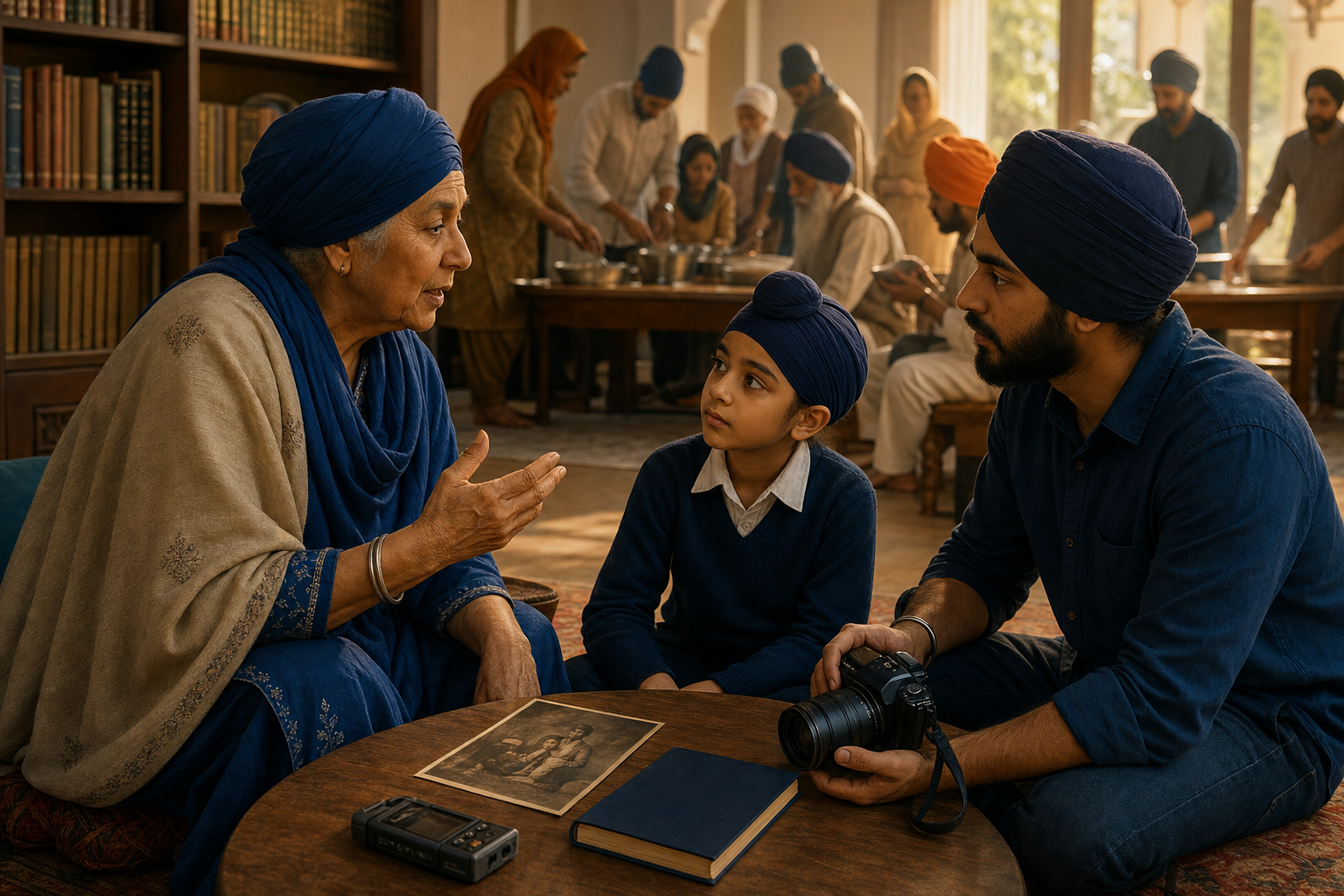 A Sikh grandmother tells a story to a child and a young filmmaker at a library table while community members prepare a meal in the background.