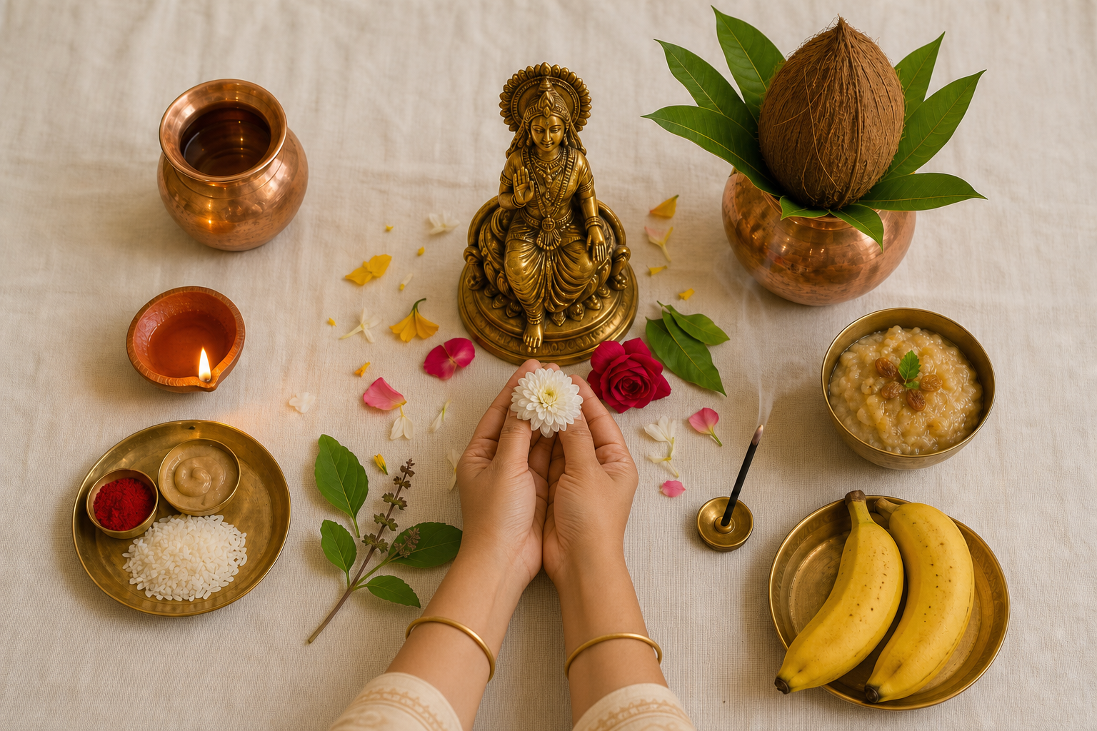 Hands offer a flower beside a simple home puja arrangement with a Sita murti, diya, kalash, rice, fruit and prasad.