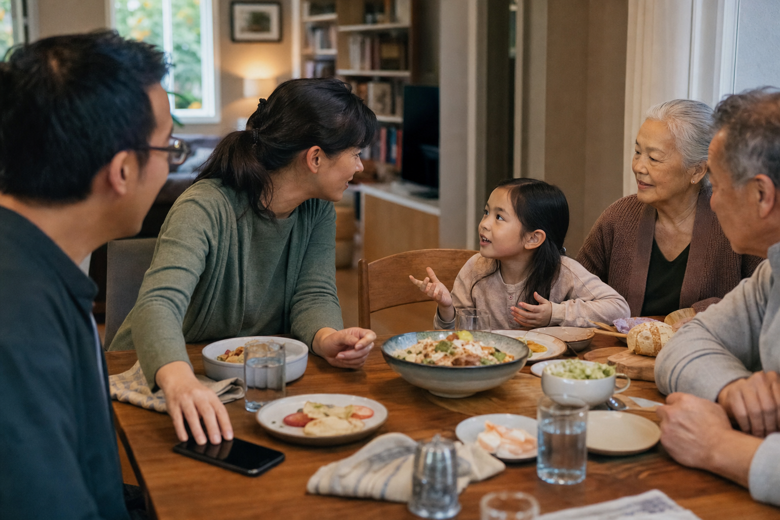 A parent places a smartphone face down and gives full attention to a child speaking at the family dinner table.