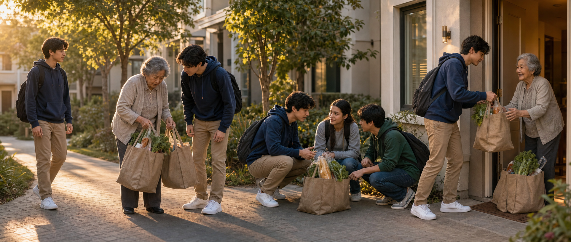 A teenager notices an older neighbor carrying groceries, listens, plans with classmates, and then helps deliver and organize the food.