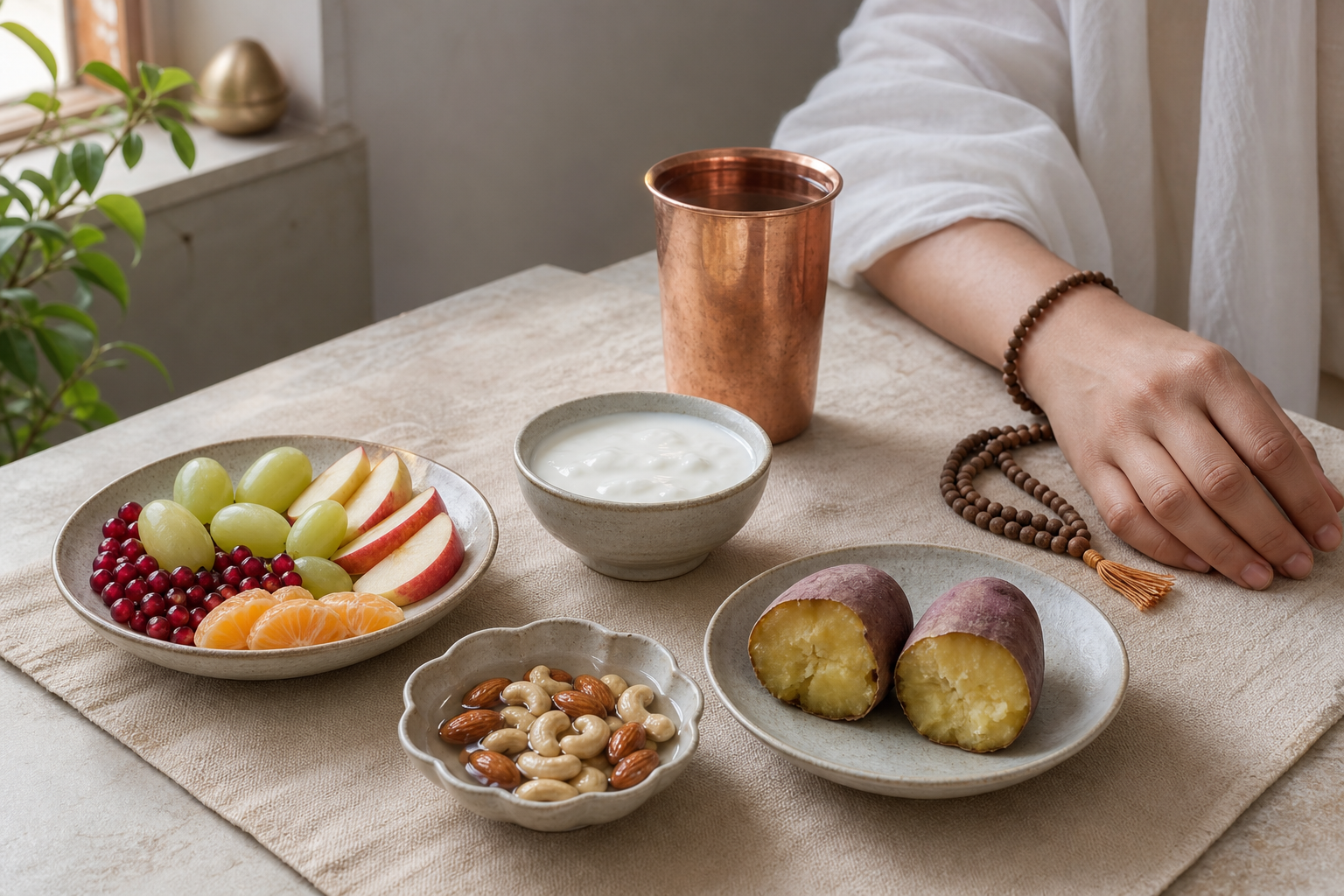 A modest sattvic meal of fruit, nuts, yogurt and sweet potato sits beside water and prayer beads for a gentle vrat.