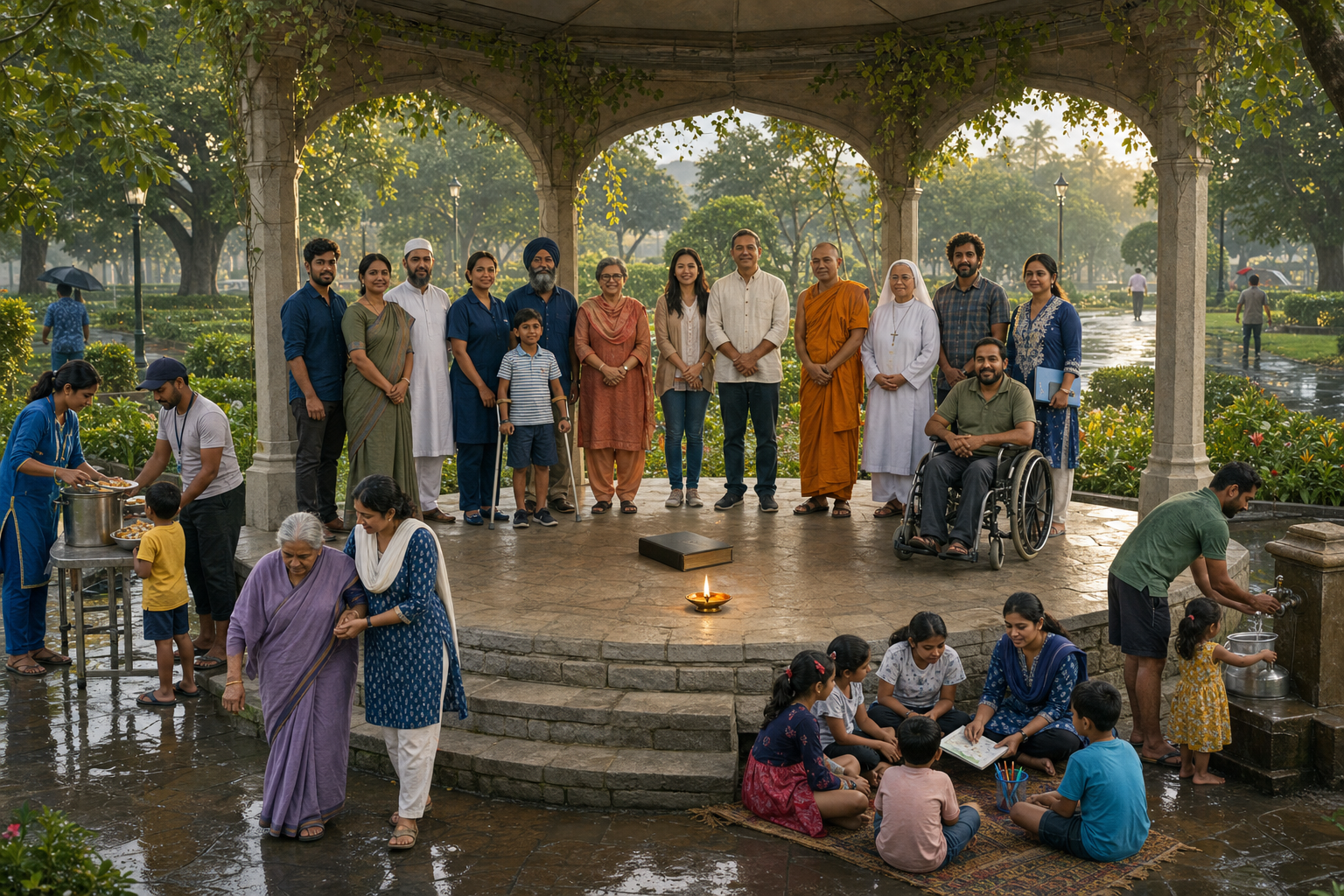 Diverse citizens share a level stone platform beneath an open canopy while volunteers provide food, education, elder assistance, and public water.