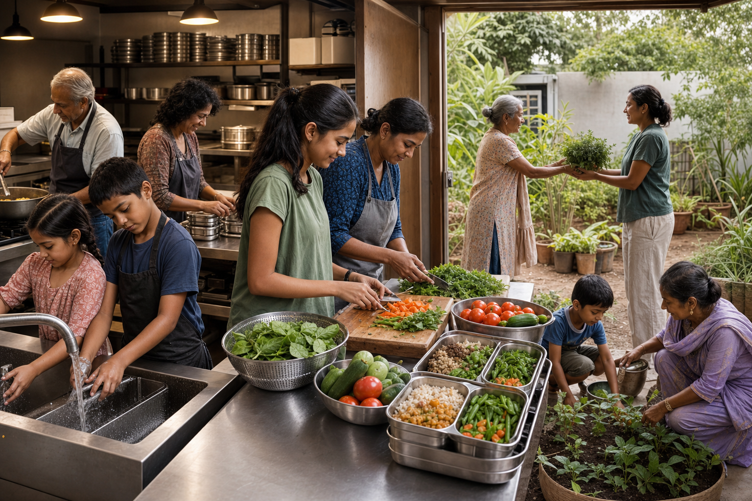 Children, adults, and elders prepare meals and tend seedlings together while a visitor offers herbs at the community kitchen doorway.
