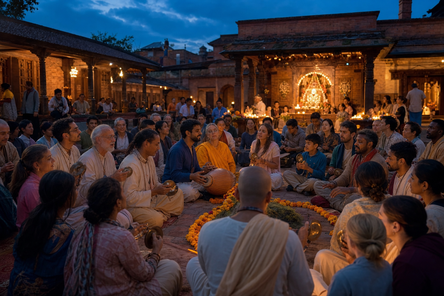 A multigenerational group gathers for devotional music in a warmly lit temple courtyard with drums, cymbals and flower garlands.