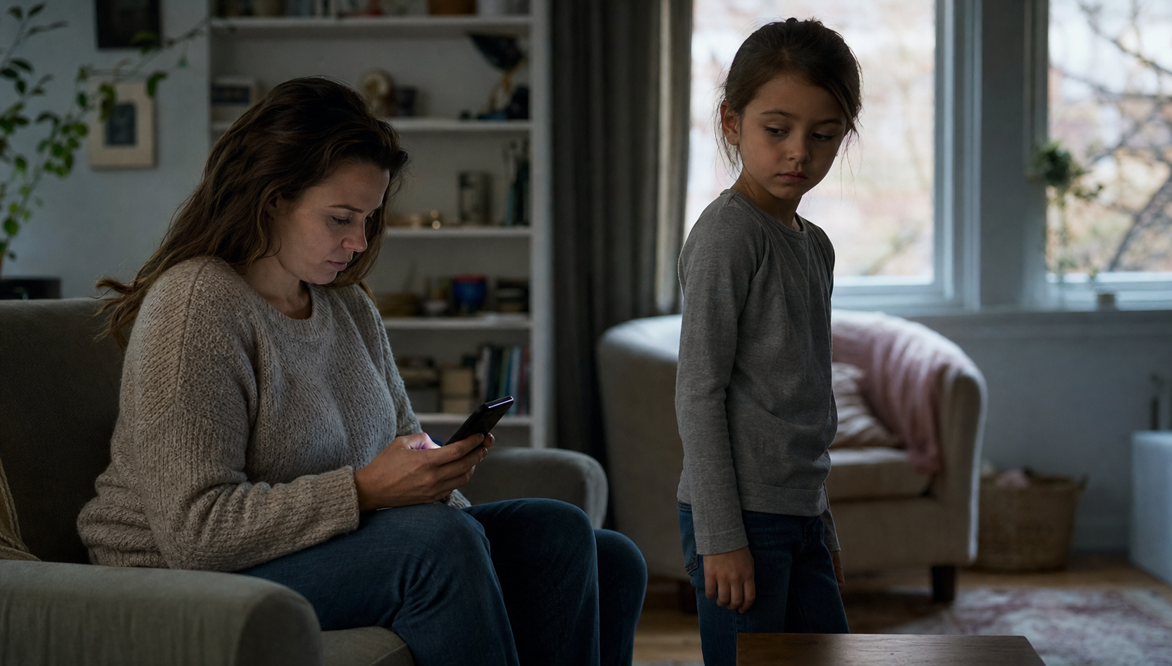 A child turns away as a nearby caregiver remains focused on a smartphone in the living room.