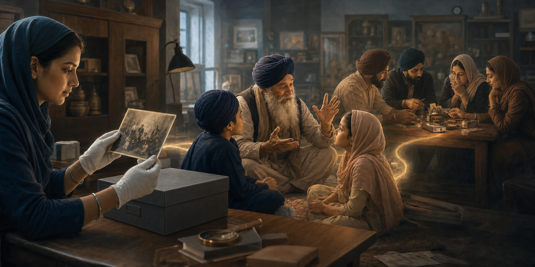 A researcher studies archival materials, an elder tells a story to children, and a family records shared memories in three connected areas of a community archive.