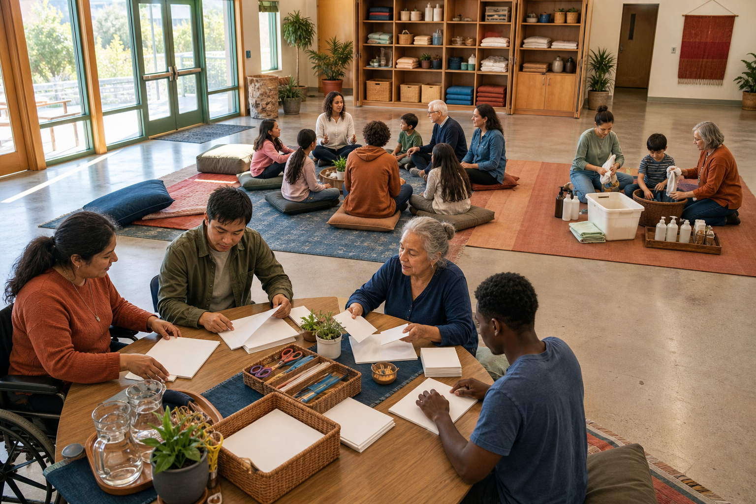 Volunteers prepare materials, lead a mixed-age lesson, and sort reusable supplies in three activity areas of a community hall.