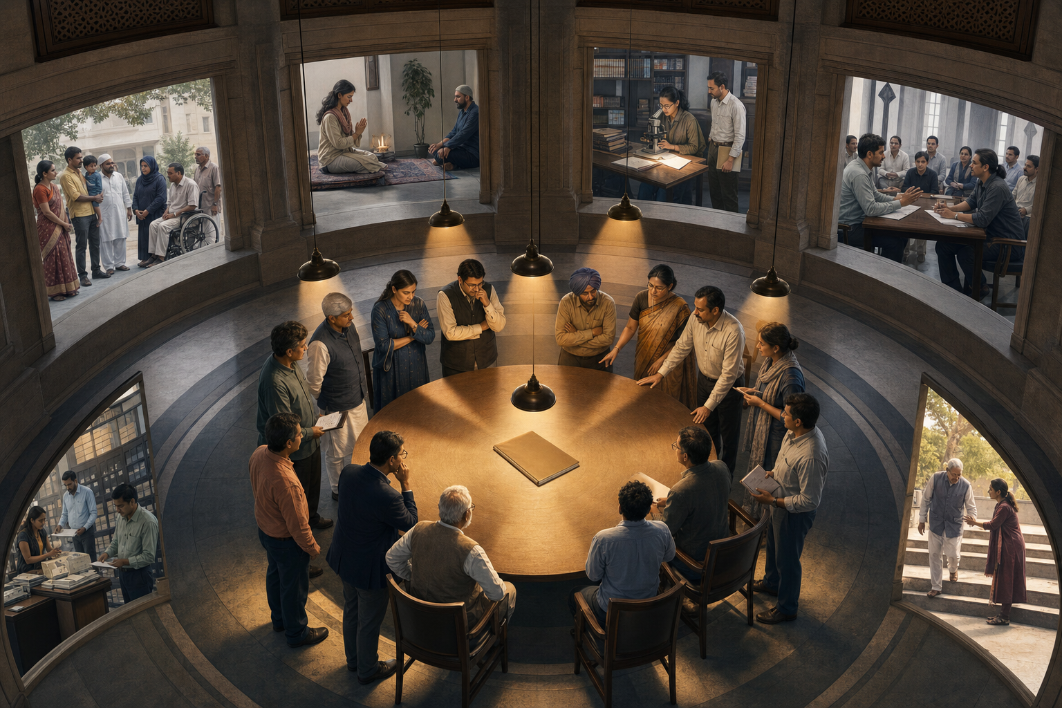 Six illuminated bays surround citizens reviewing a blank policy folder in a circular chamber, with scenes of equality, conscience, evidence, fair process, oversight, and correction.