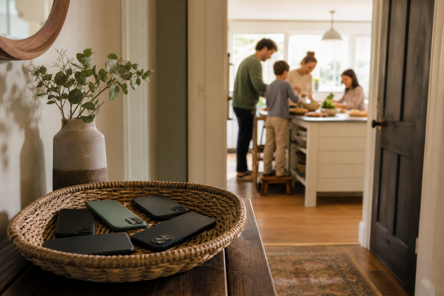 Several smartphones rest in a woven tray while a family cooks together in the kitchen behind them.
