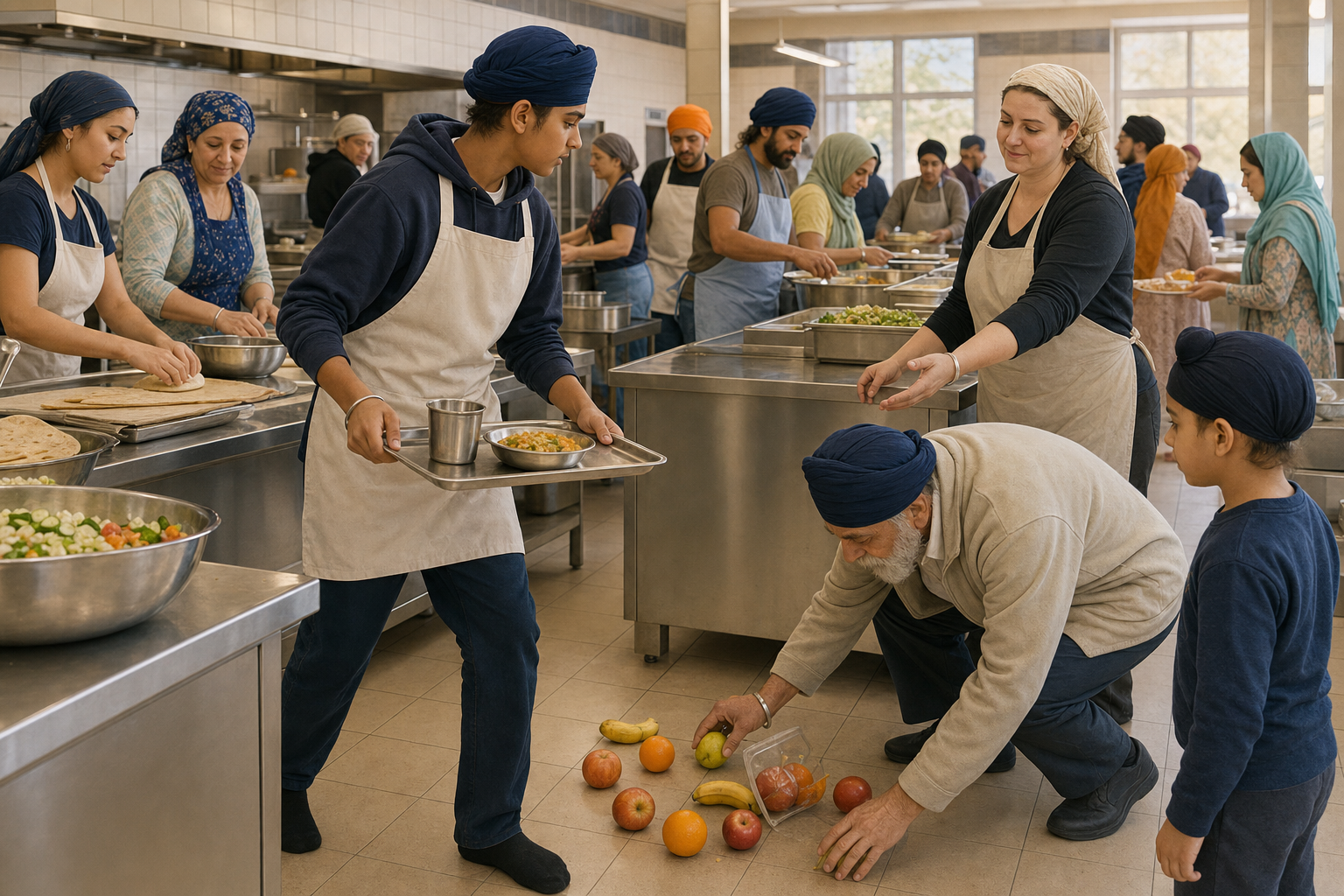 A Sikh teenager pauses while carrying a tray to help an elderly visitor pick up spilled fruit in a community kitchen.